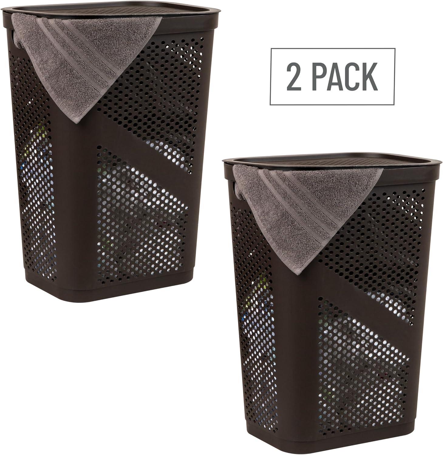 imageMind Reader 60L Slim Laundry Hamper Clothes Basket Lid Ventilated Plastic 1725L x 1375W x 235H Set of 2 Brown