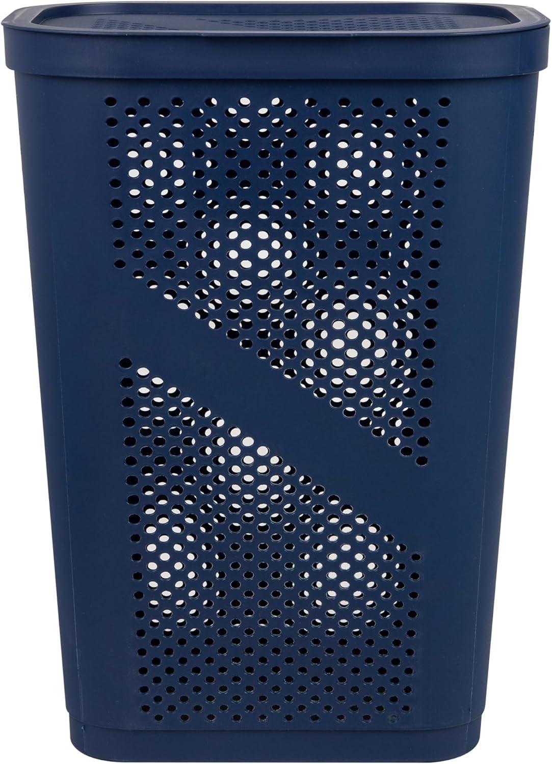 imageMind Reader 60L Slim Laundry Hamper Clothes Basket Lid Ventilated Plastic Set of 2 BlackNavy