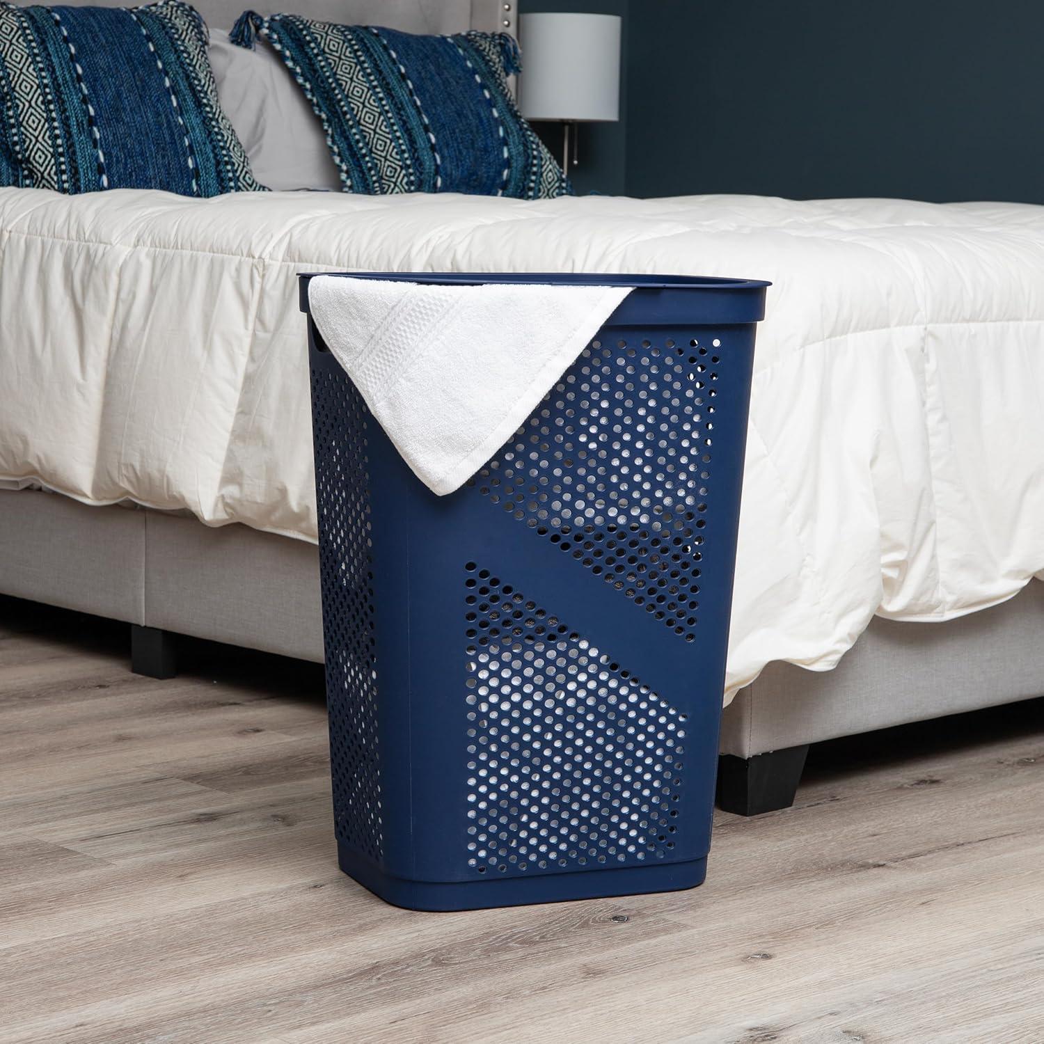 imageMind Reader 60L Slim Laundry Hamper Clothes Basket Lid Ventilated Plastic Set of 2 BlackNavy