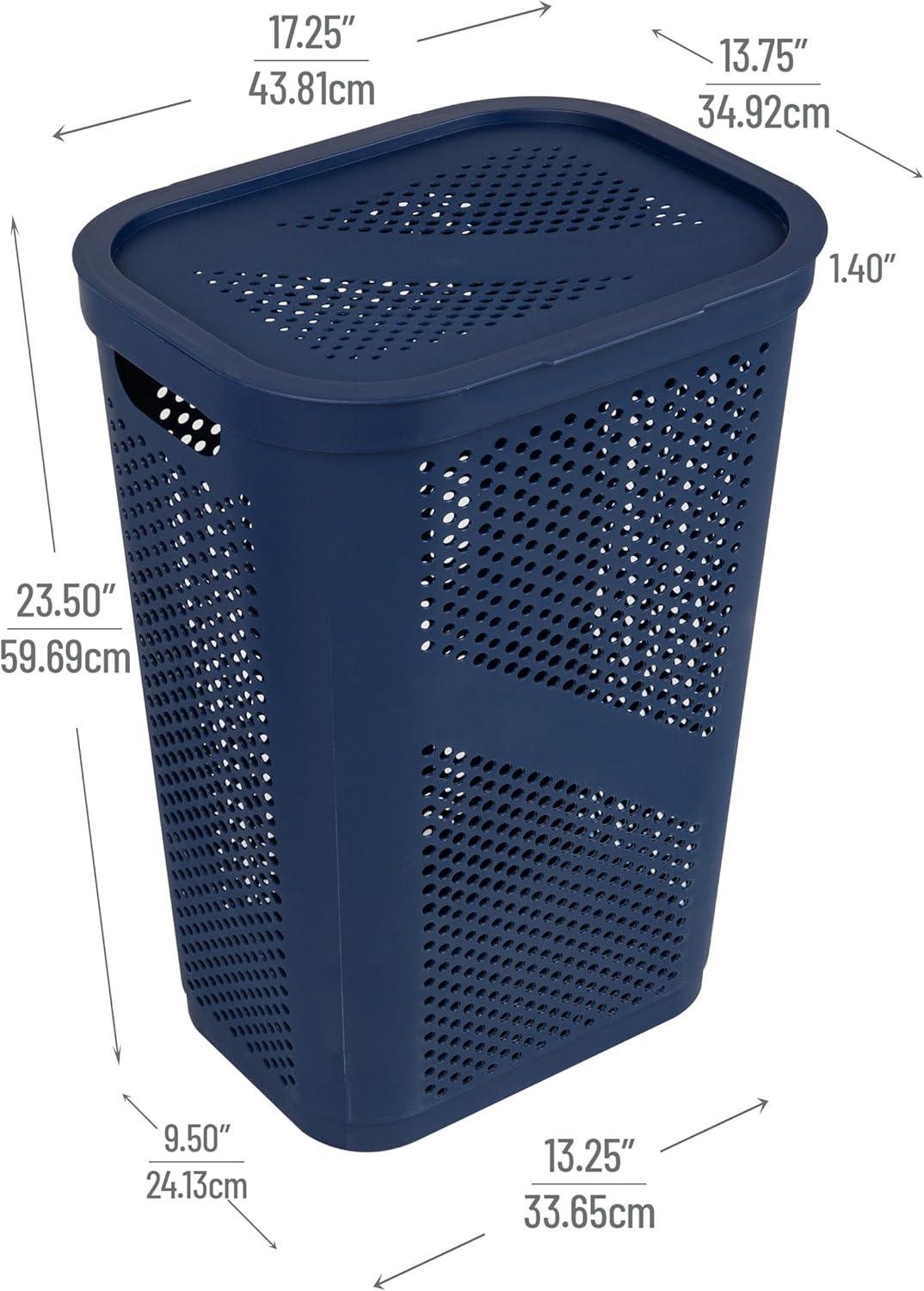 imageMind Reader 60L Slim Laundry Hamper Clothes Basket Lid Ventilated Plastic Set of 2 BlackNavy