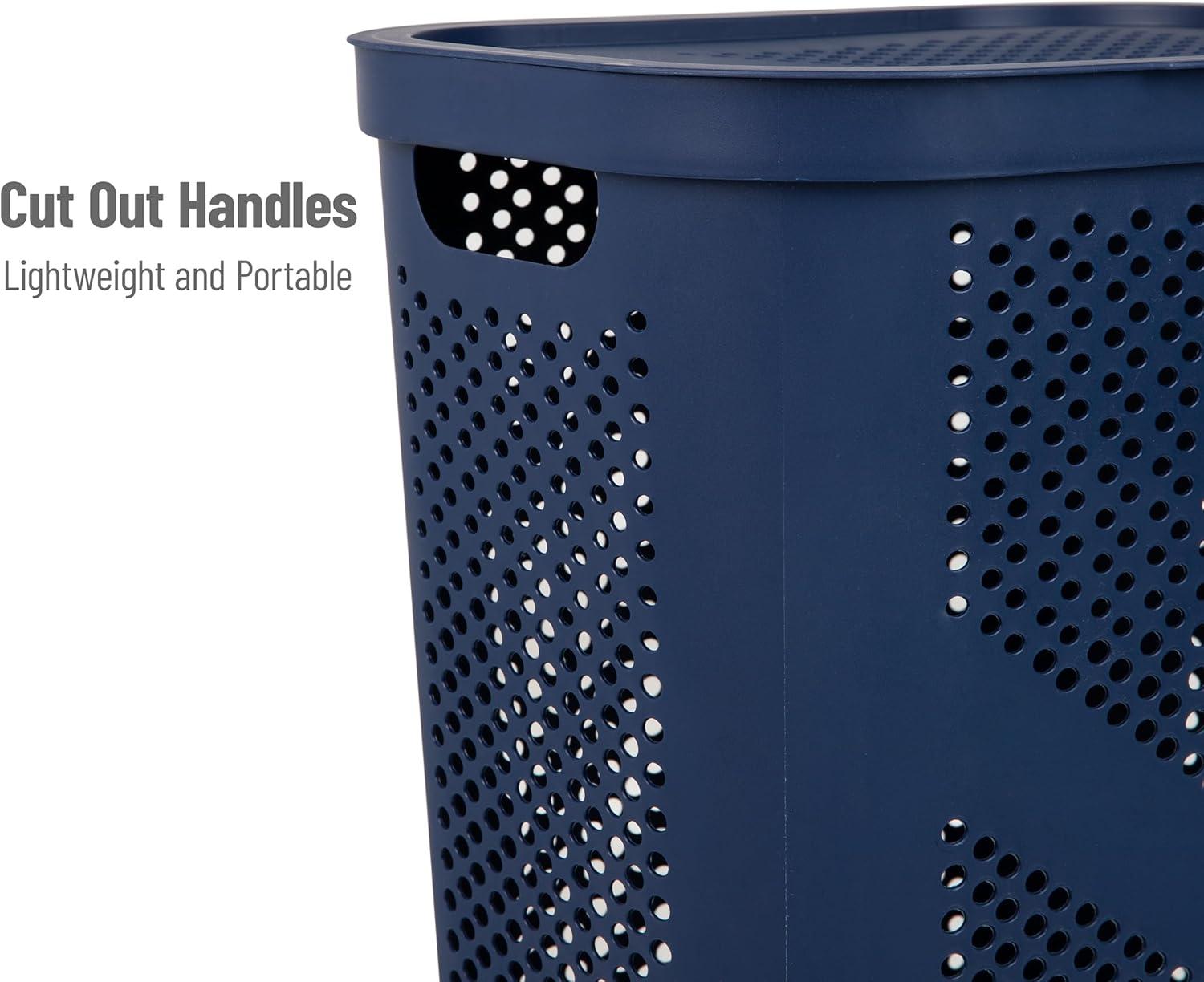 imageMind Reader 60L Slim Laundry Hamper Clothes Basket Lid Ventilated Plastic Set of 2 BlackNavy
