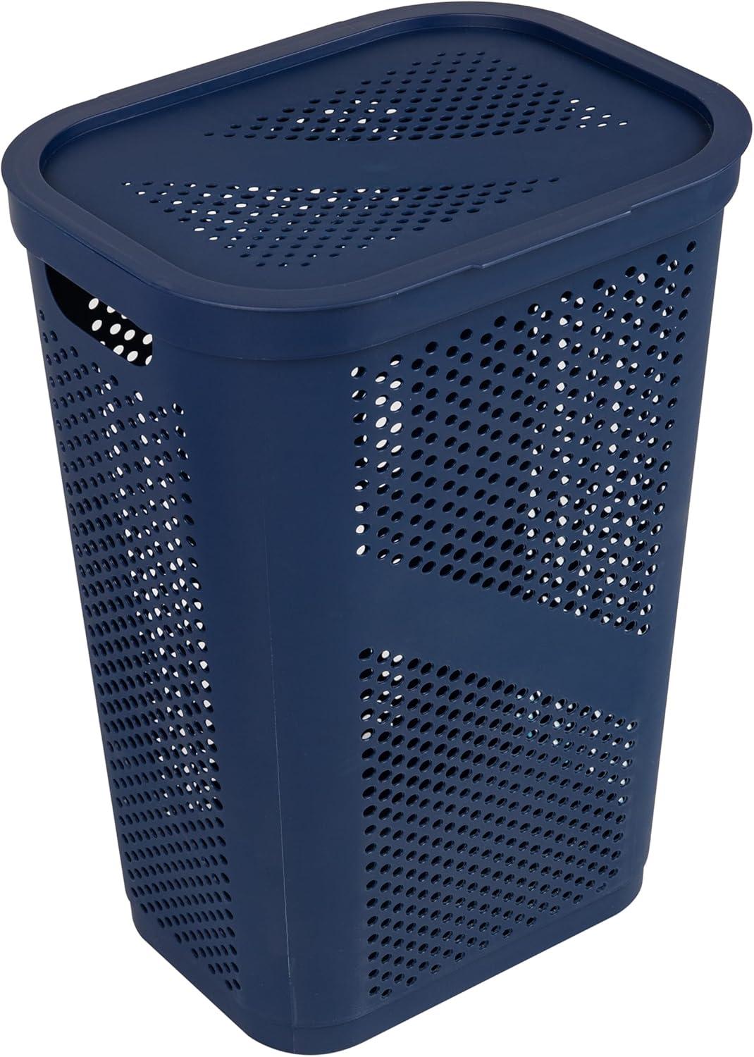 imageMind Reader 60L Slim Laundry Hamper Clothes Basket Lid Ventilated Plastic Set of 2 BlackNavy