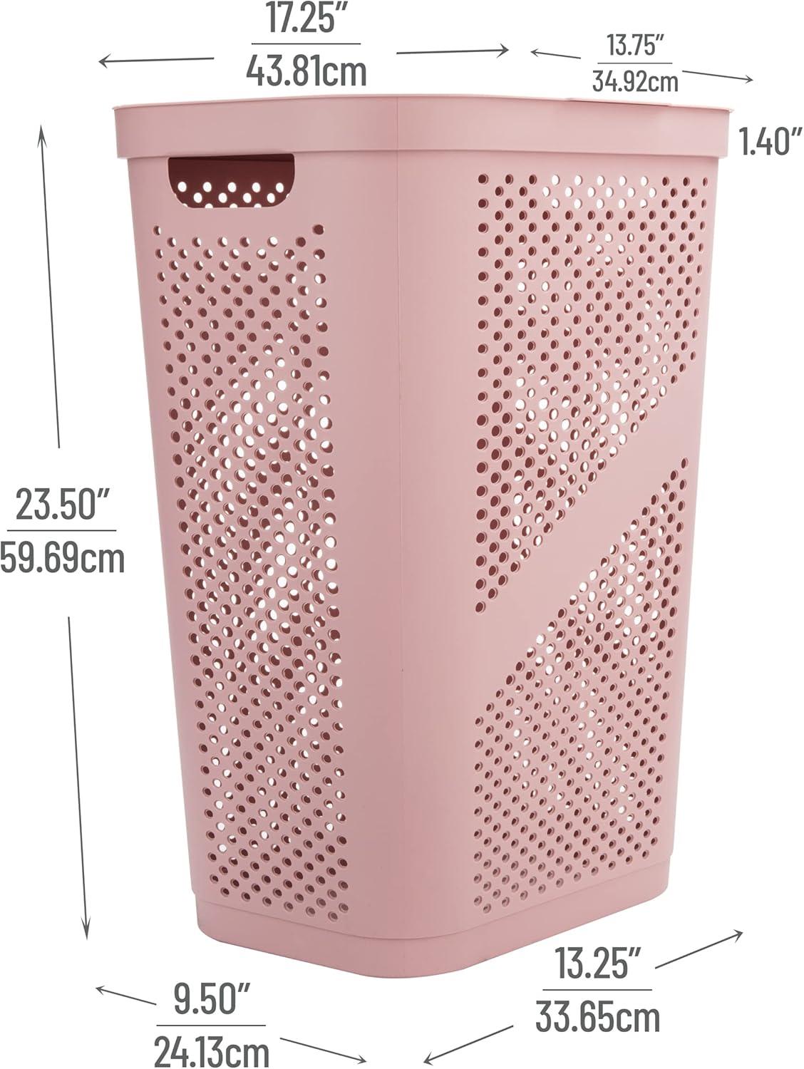 imageMind Reader 60L Slim Laundry Hamper Clothes Basket Lid Ventilated Plastic Set of 2 BlackPink