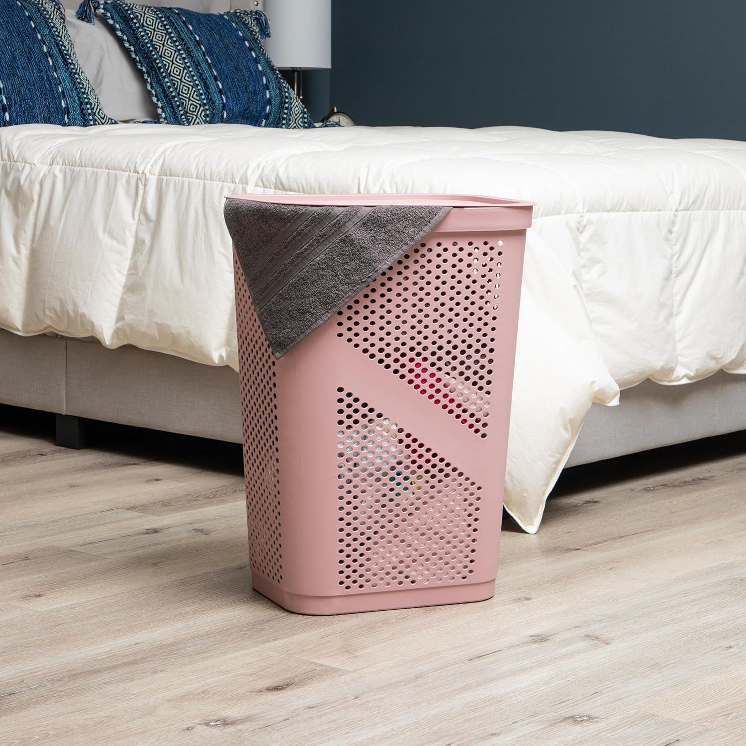 imageMind Reader 60L Slim Laundry Hamper Clothes Basket Lid Ventilated Plastic Set of 2 BlackPink