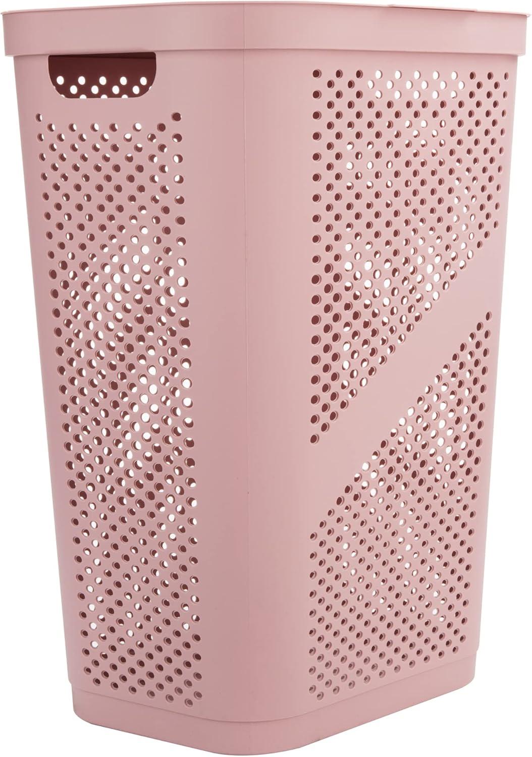imageMind Reader 60L Slim Laundry Hamper Clothes Basket Lid Ventilated Plastic Set of 2 BlackPink