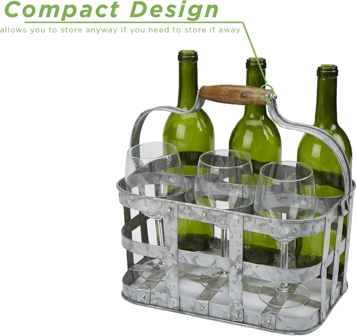 imageMind Reader 6Bottle Wine Bottle and Glass Caddy Stemware Holder Outdoor Galvanized Metal 12 L x 775 W x 625 H Silver6 Compartment