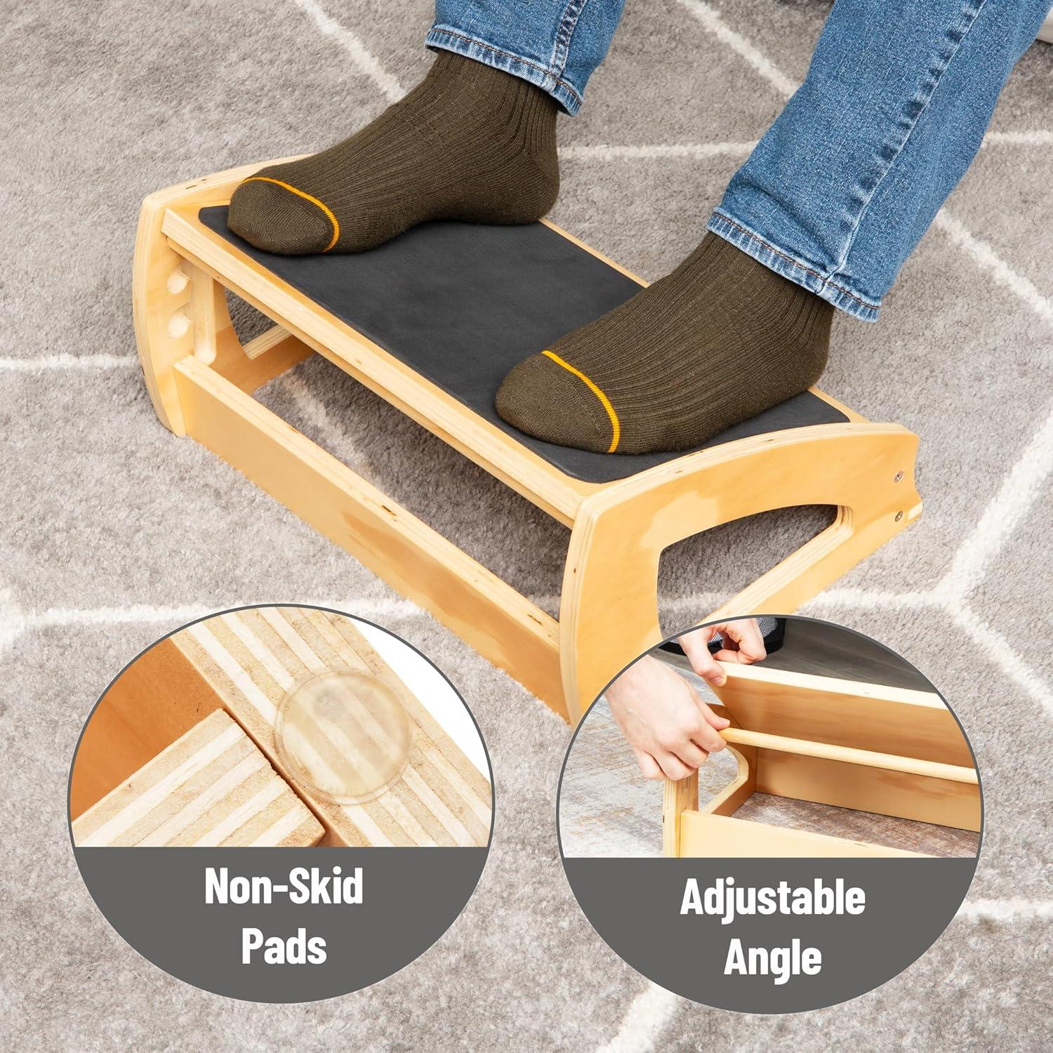 imageMind Reader Adjustable Wooden Foot Rest with AntiSlip Surface 3 Height Levels Natural Wood Brown