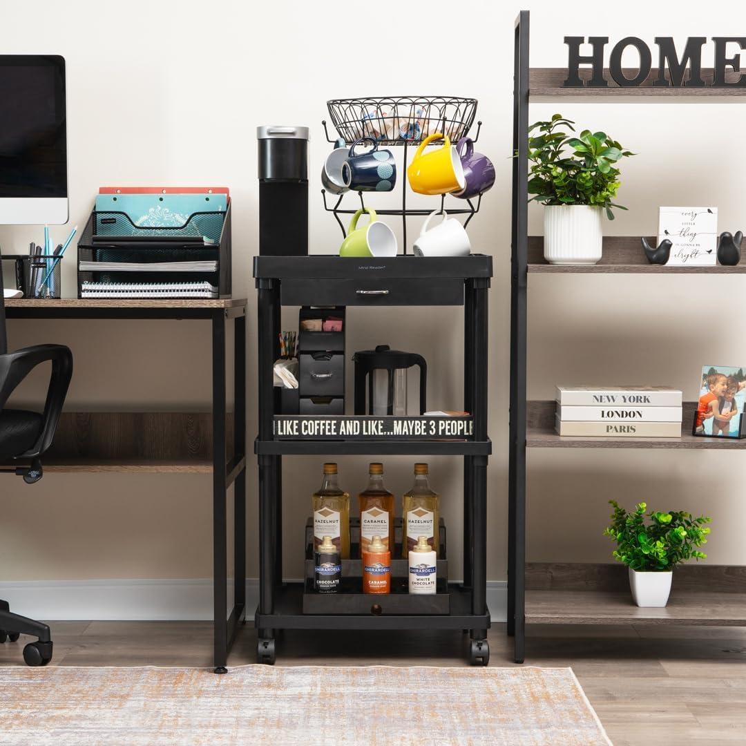 imageMind Reader Bar Cart Rolling Utility Cart 3Tier Coffee Cart Bathroom Kitchen Plastic 20L x 15W x 345H BlackBlack