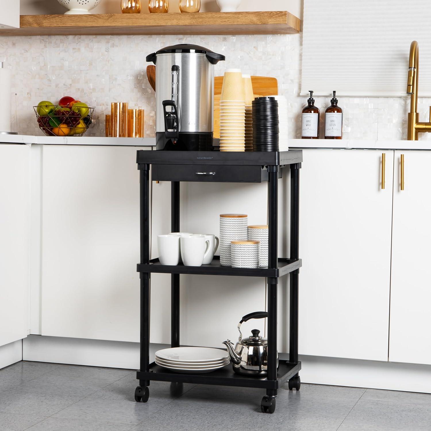 imageMind Reader Bar Cart Rolling Utility Cart 3Tier Coffee Cart Bathroom Kitchen Plastic 20L x 15W x 345H BlackBlack