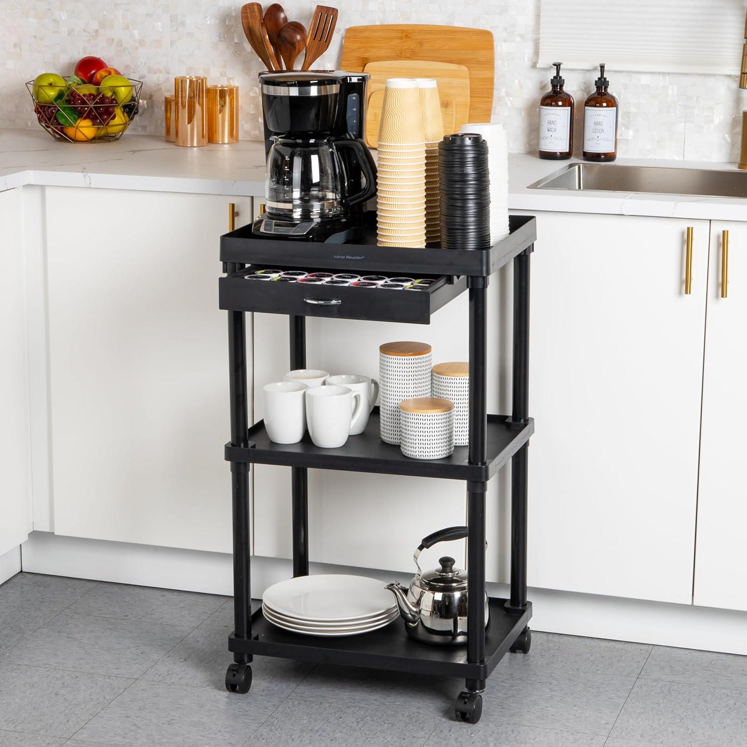 imageMind Reader Bar Cart Rolling Utility Cart 3Tier Coffee Cart Bathroom Kitchen Plastic 20L x 15W x 345H BlackBlack