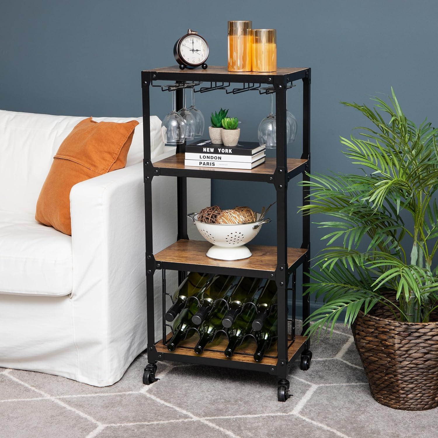 imageMind Reader Bar Cart Wine Rack Kitchen Storage Rolling Utility Cart Storage Wood Metal 1785L x 12W x 39H Brown
