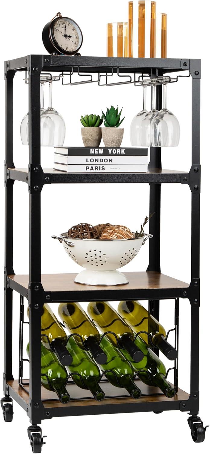 imageMind Reader Bar Cart Wine Rack Kitchen Storage Rolling Utility Cart Storage Wood Metal 1785L x 12W x 39H Brown