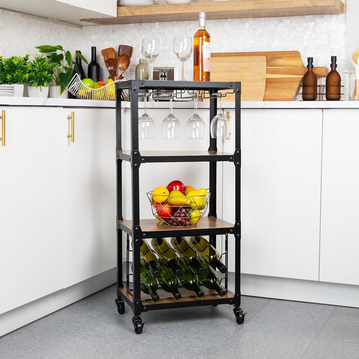 imageMind Reader Bar Cart Wine Rack Kitchen Storage Rolling Utility Cart Storage Wood Metal 1785L x 12W x 39H Brown
