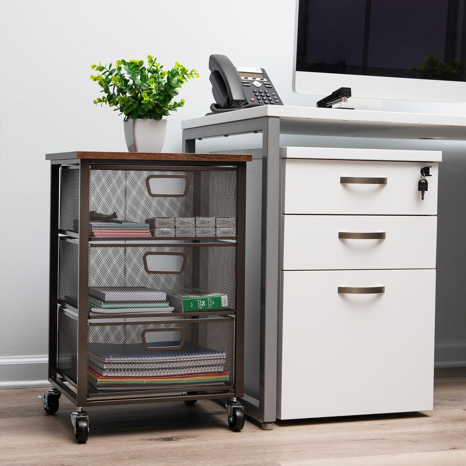 imageMind Reader Cart with Covered Compartment Office Organizer Storage 3Tier Office Metal 20 L x 1425 W x 2875 H Black3Drawers with Wood Top