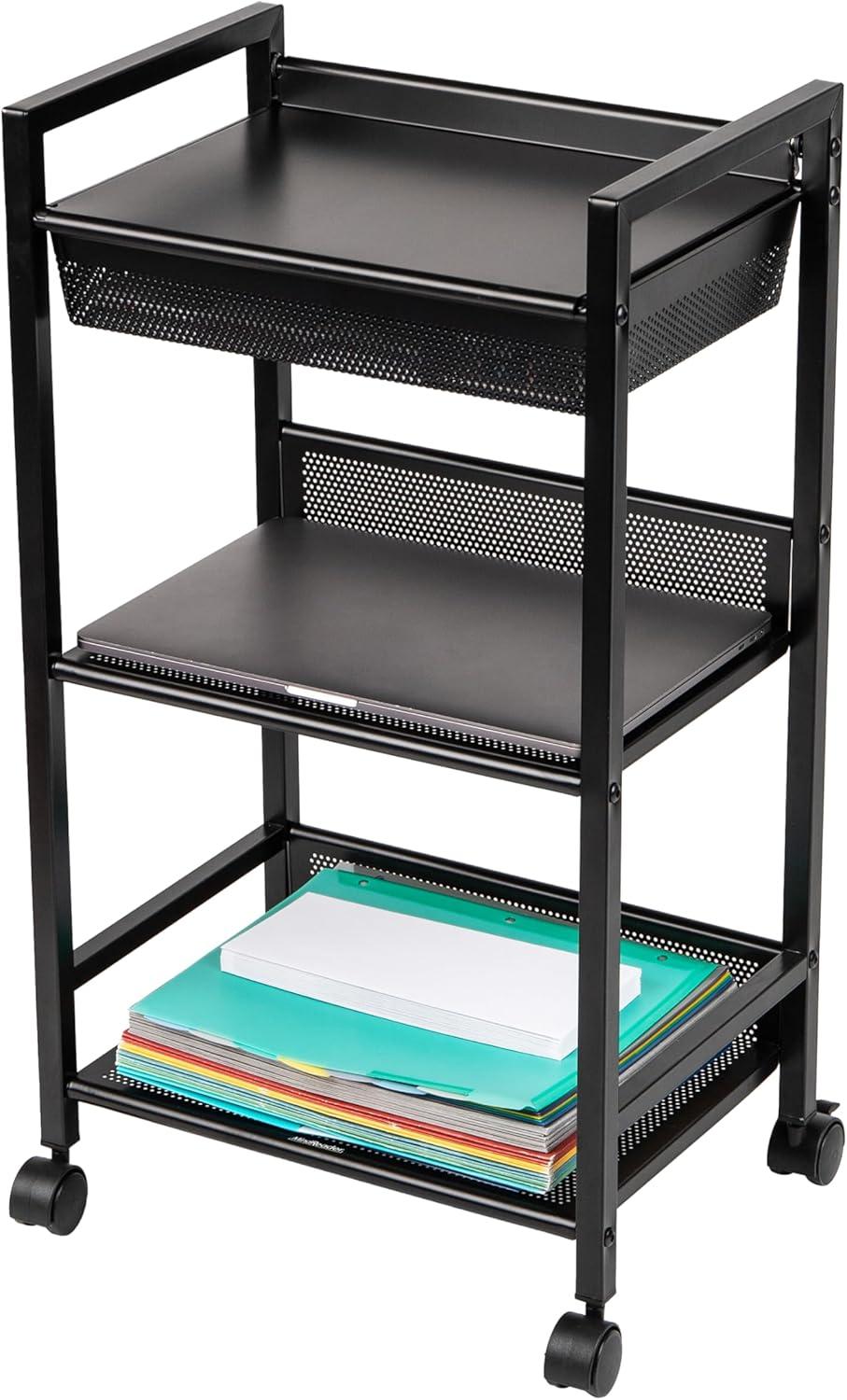 imageMind Reader Cart with Covered Compartment Office Organizer Storage 3Tier Office Metal 20 L x 1425 W x 2875 H Black3Tier with Handles