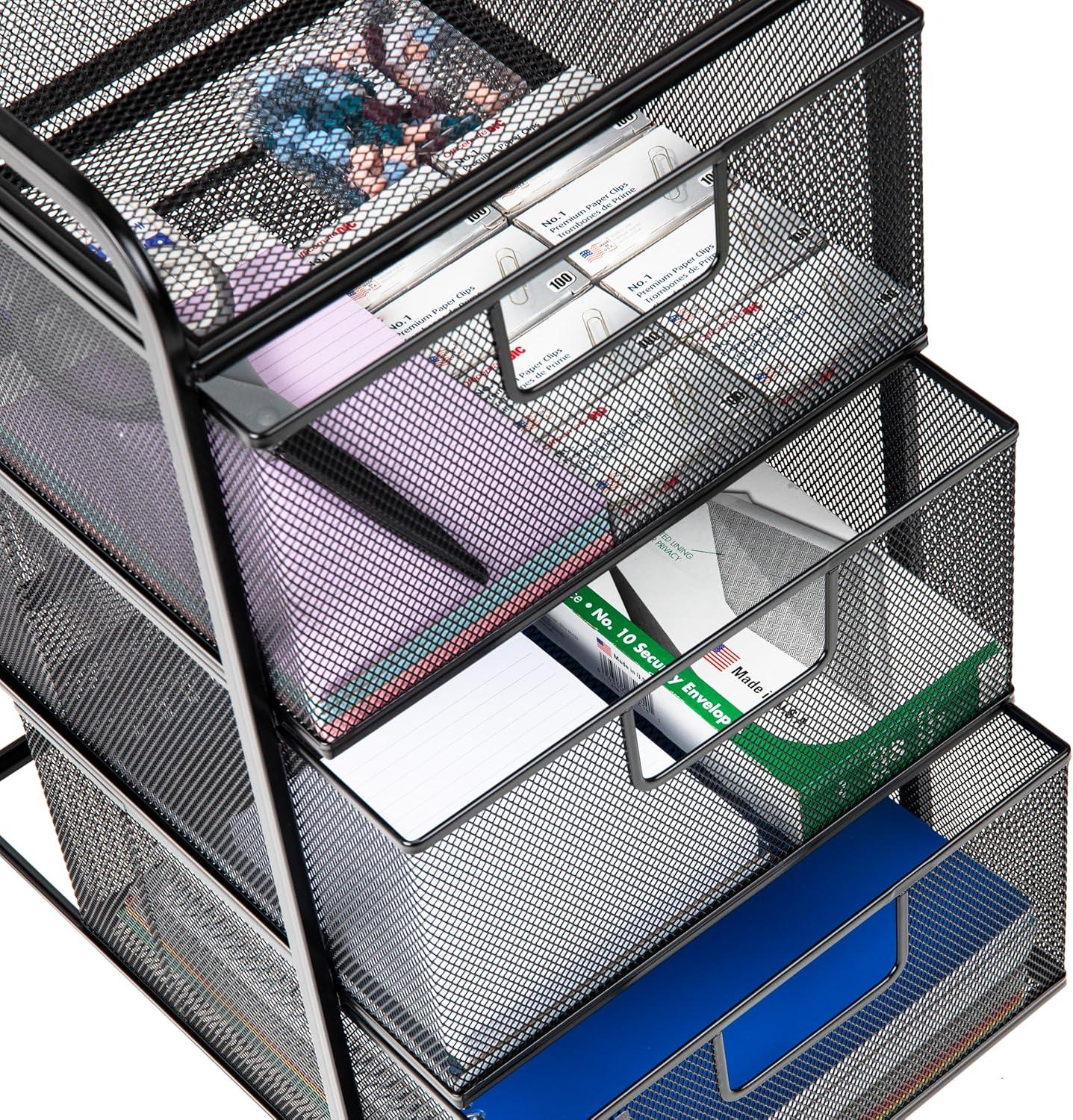 imageMind Reader Cart with Drawers Multipurpose Office Organizer Utility Cart Rolling Storage Metal Mesh Black3Drawers
