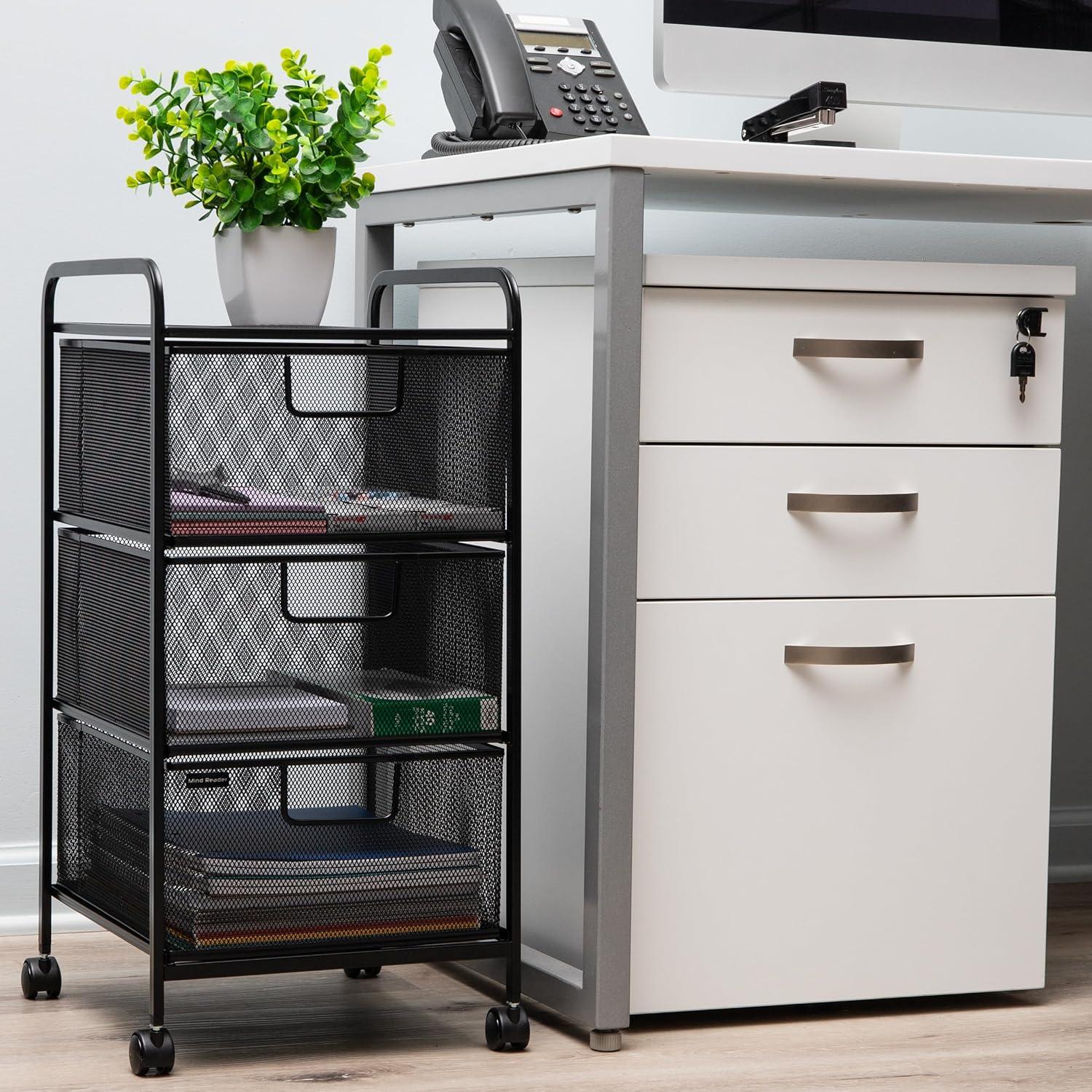 imageMind Reader Cart with Drawers Multipurpose Office Organizer Utility Cart Rolling Storage Metal Mesh Black3Drawers