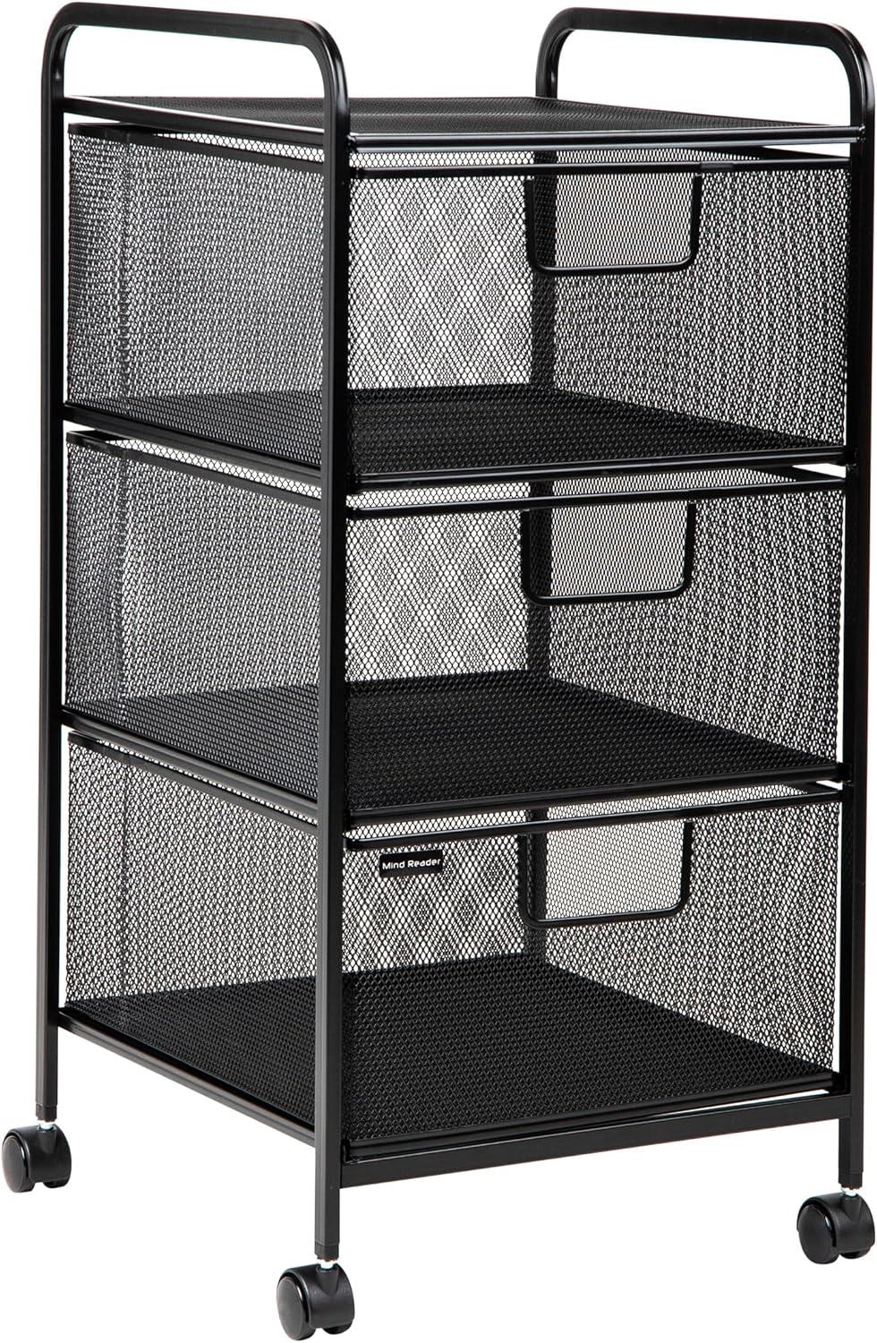 imageMind Reader Cart with Drawers Multipurpose Office Organizer Utility Cart Rolling Storage Metal Mesh Black3Drawers