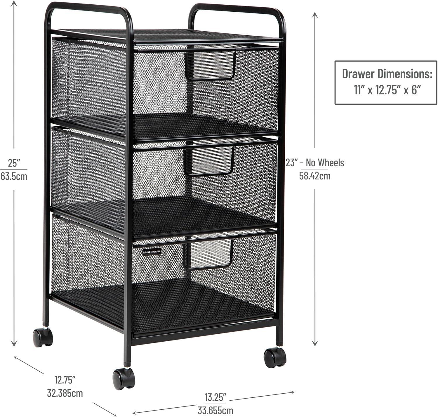 imageMind Reader Cart with Drawers Multipurpose Office Organizer Utility Cart Rolling Storage Metal Mesh Black3Drawers