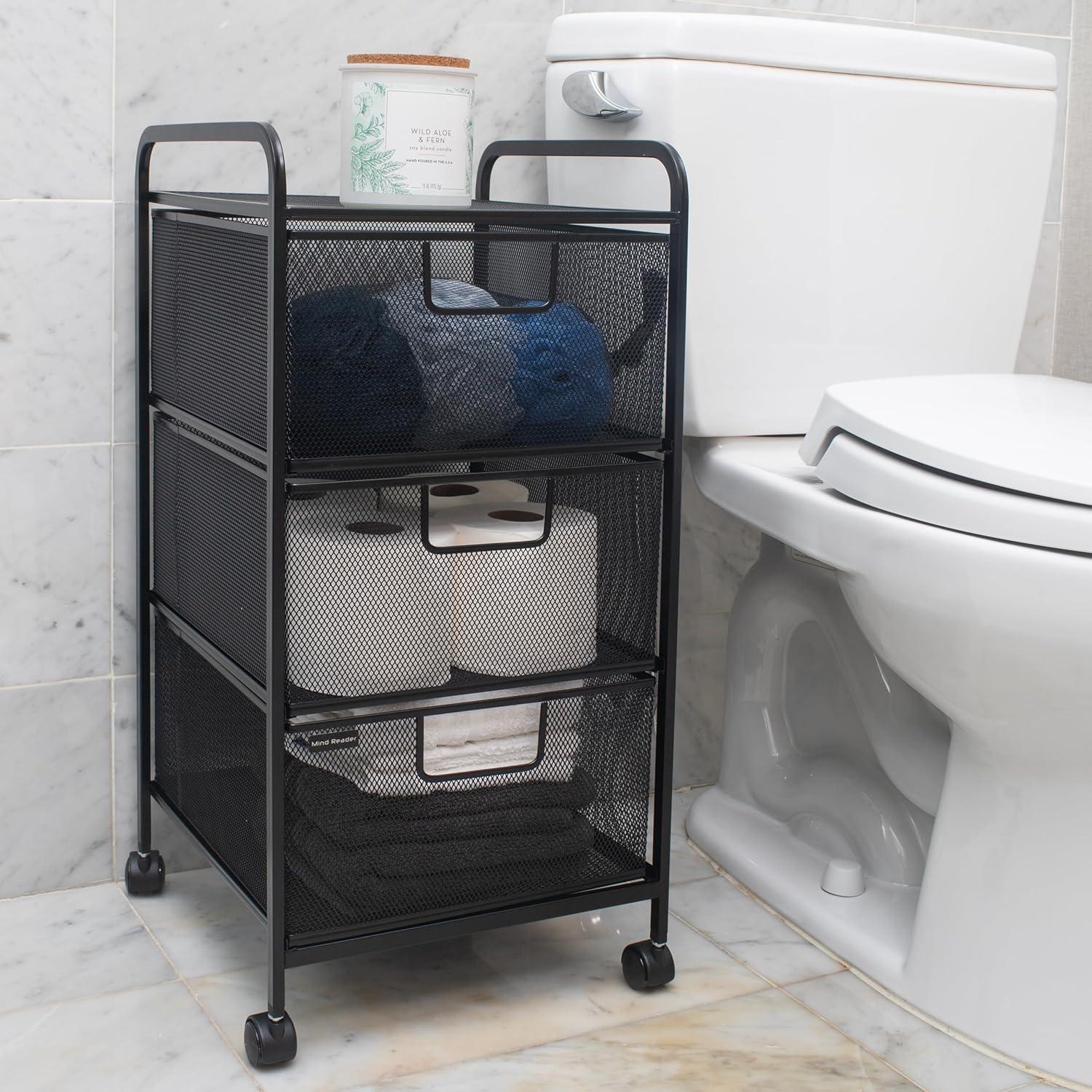 imageMind Reader Cart with Drawers Multipurpose Office Organizer Utility Cart Rolling Storage Metal Mesh Black3Drawers
