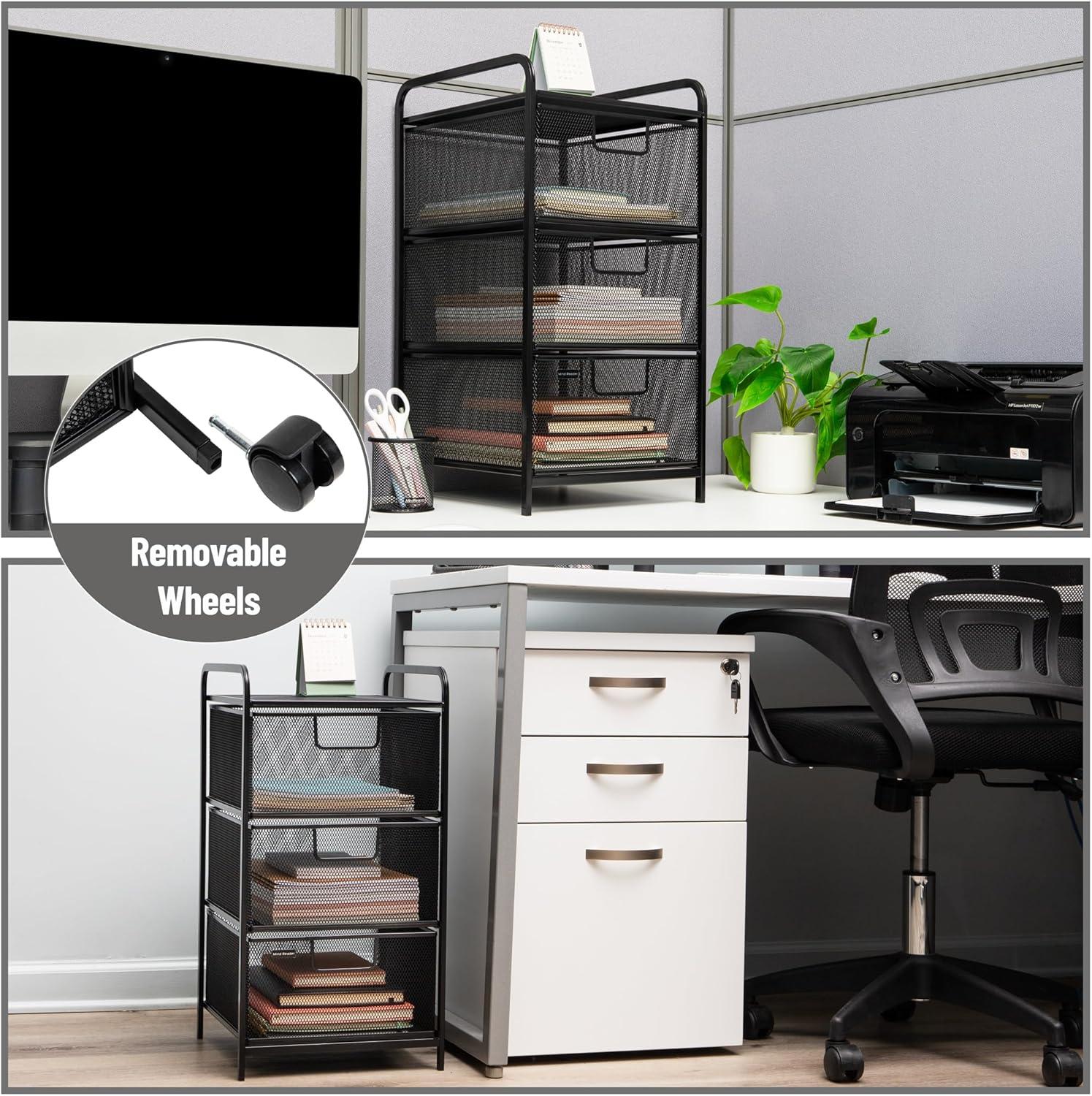 imageMind Reader Cart with Drawers Multipurpose Office Organizer Utility Cart Rolling Storage Metal Mesh Black3Drawers