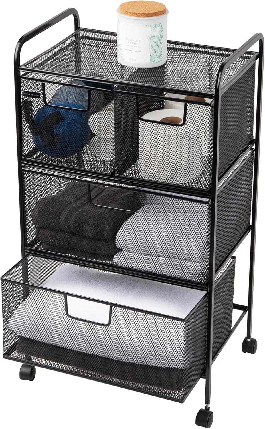 imageMind Reader Cart with Drawers Multipurpose Office Organizer Utility Cart Rolling Storage Metal Mesh Black4Drawers