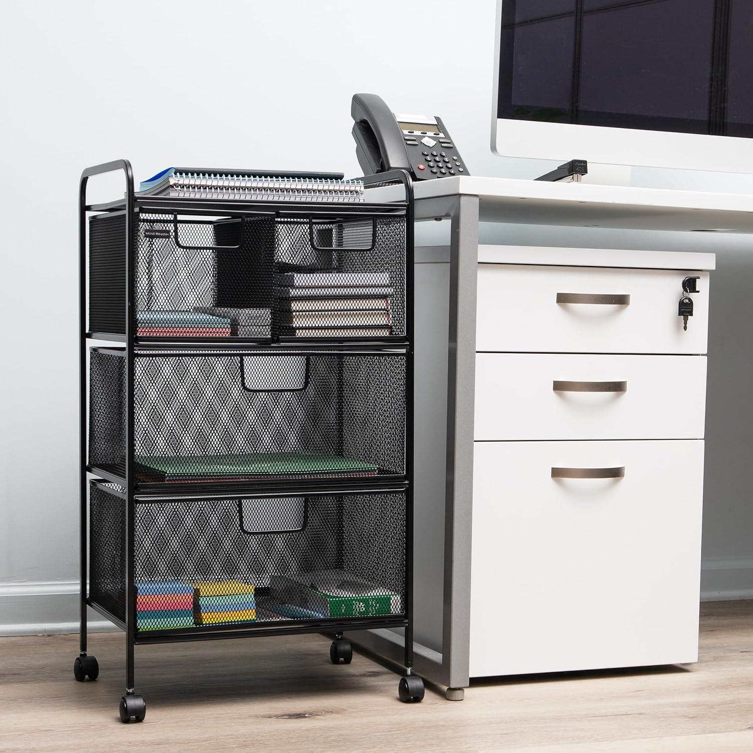 imageMind Reader Cart with Drawers Multipurpose Office Organizer Utility Cart Rolling Storage Metal Mesh Black4Drawers