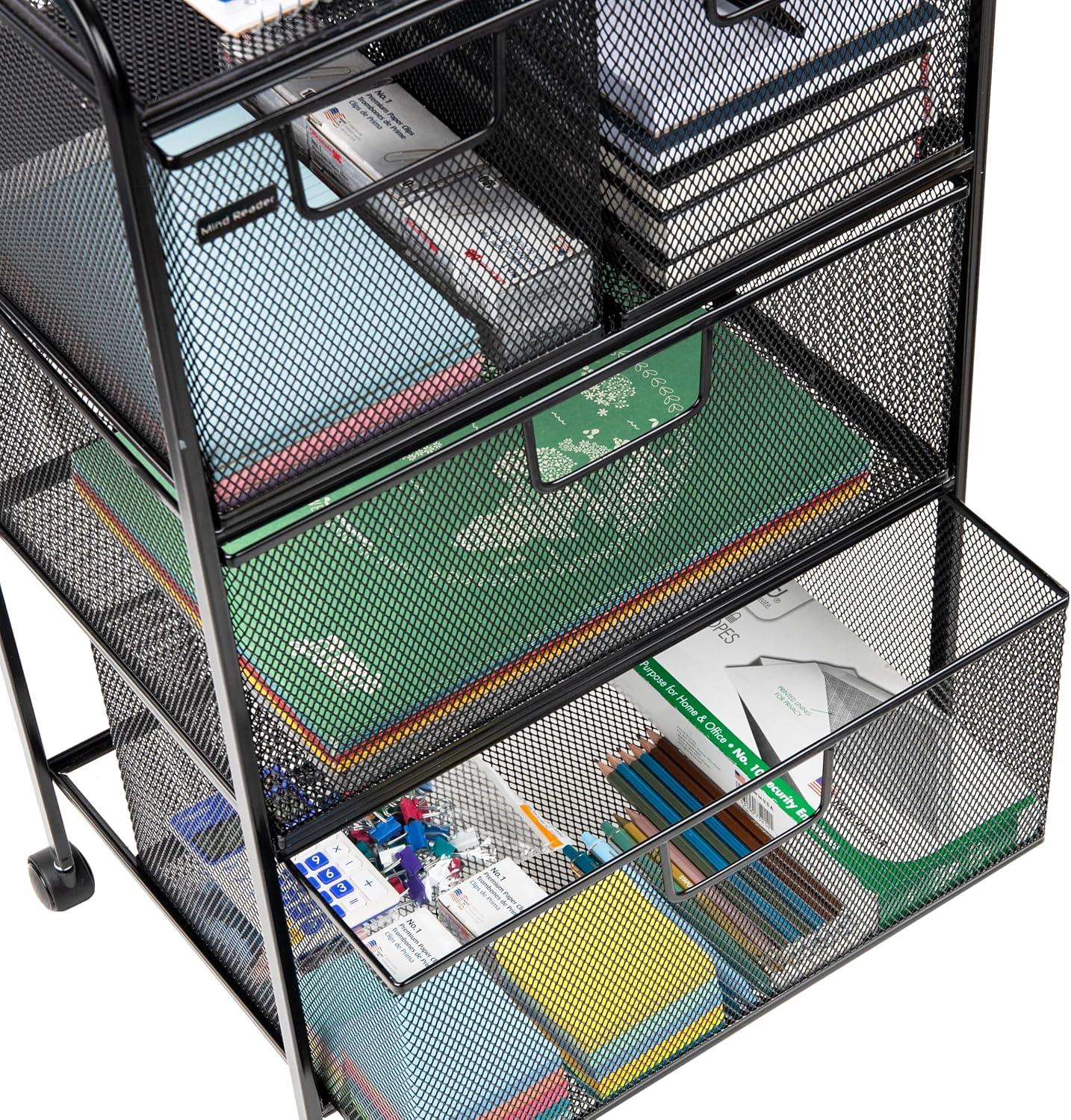 imageMind Reader Cart with Drawers Multipurpose Office Organizer Utility Cart Rolling Storage Metal Mesh Black4Drawers
