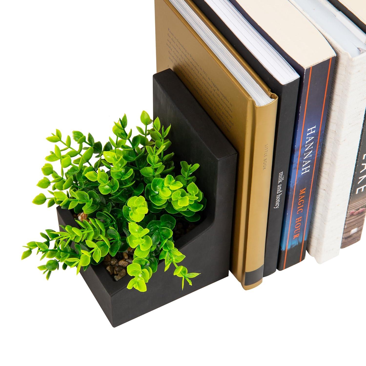 imageMind Reader Contemporary Planter Bookends Book Holders with Faux Greenery Decorative Desktop or Shelf Organizer Cement Set of 2 Black
