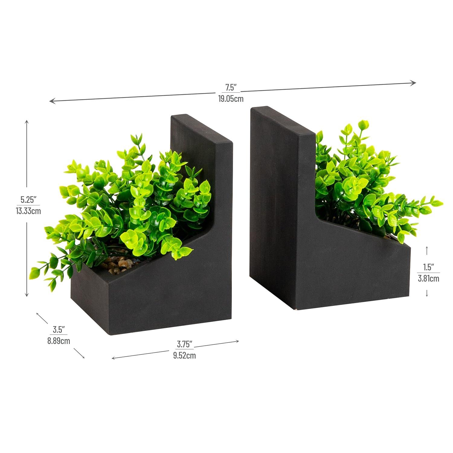 imageMind Reader Contemporary Planter Bookends Book Holders with Faux Greenery Decorative Desktop or Shelf Organizer Cement Set of 2 Black