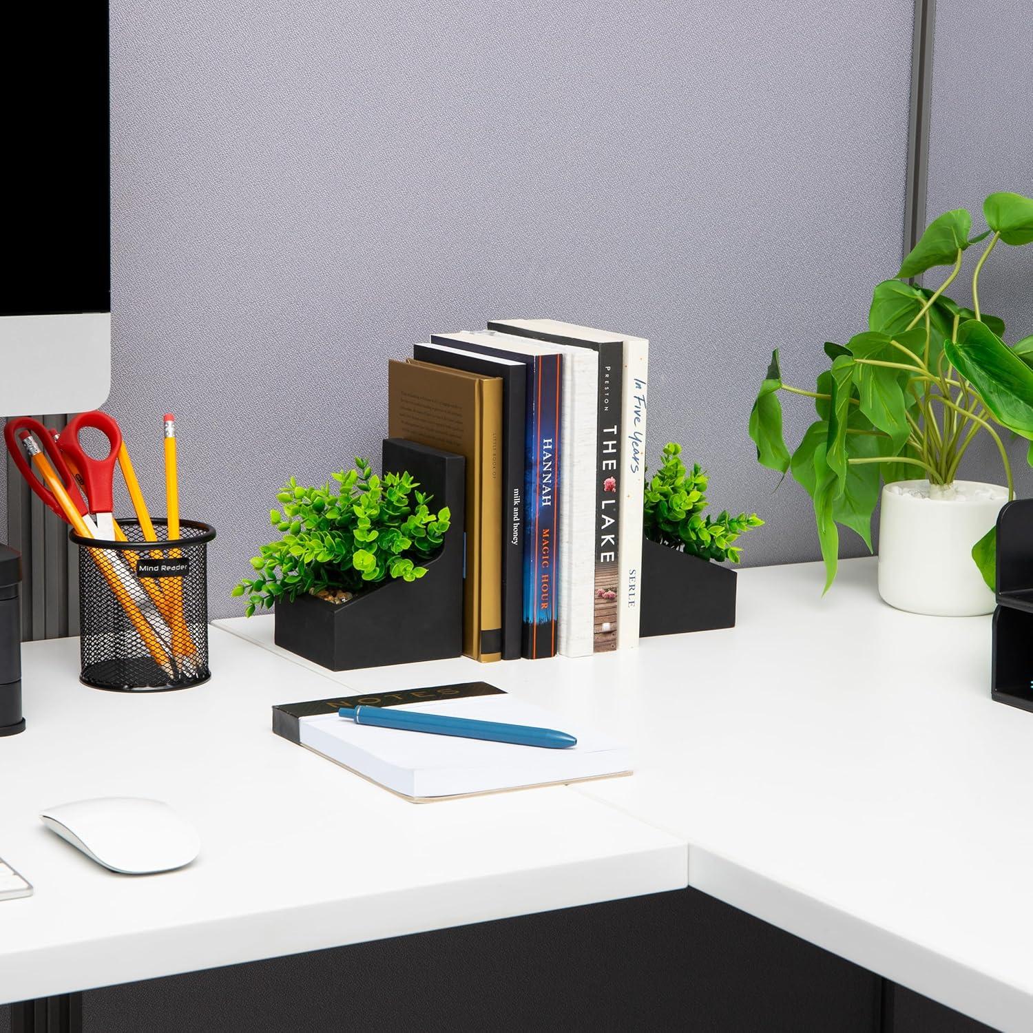imageMind Reader Contemporary Planter Bookends Book Holders with Faux Greenery Decorative Desktop or Shelf Organizer Cement Set of 2 Black