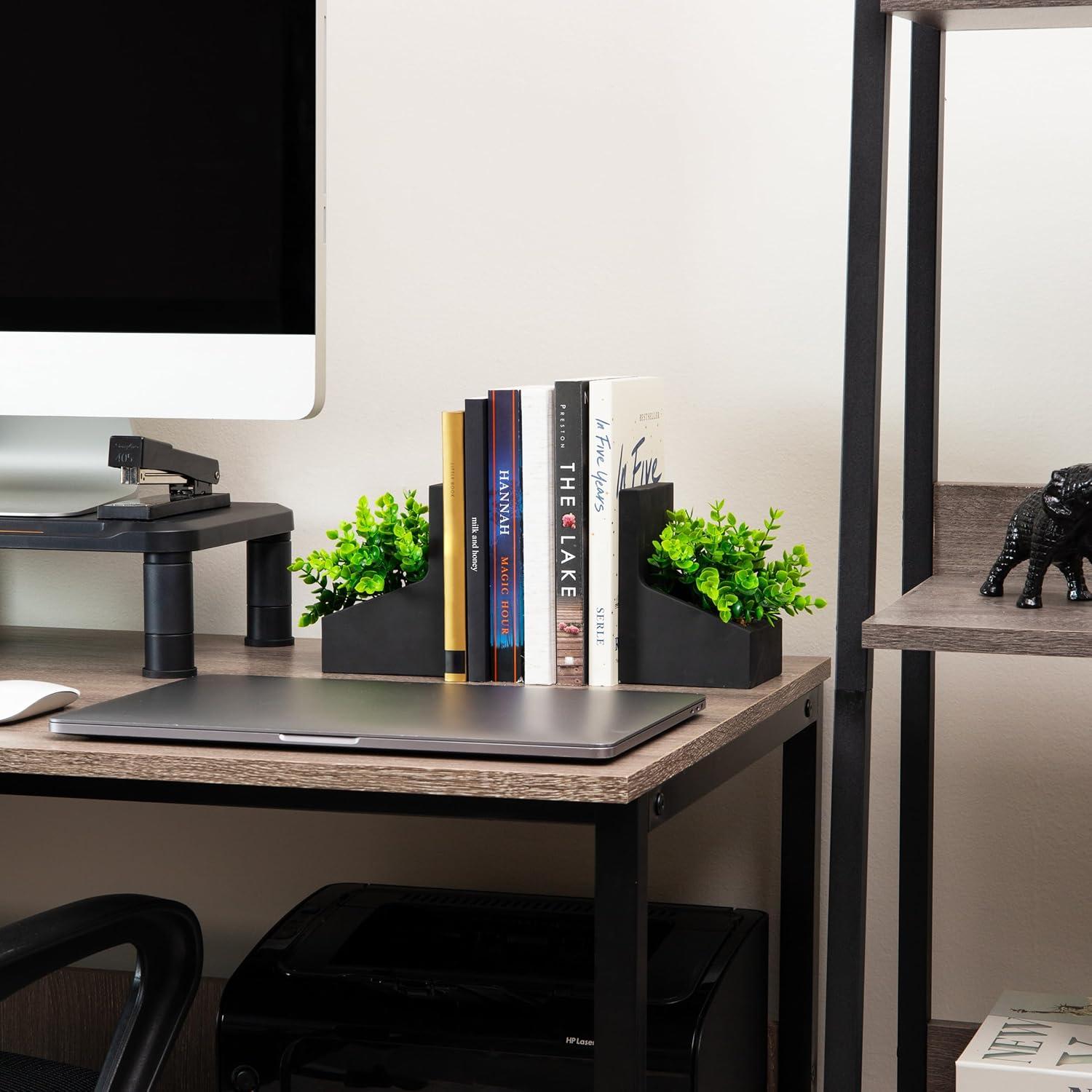imageMind Reader Contemporary Planter Bookends Book Holders with Faux Greenery Decorative Desktop or Shelf Organizer Cement Set of 2 Black