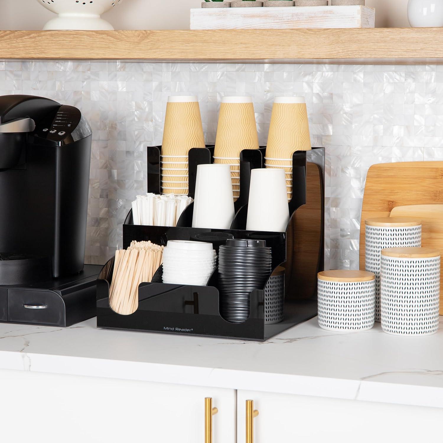 imageMind Reader Cup and Condiment Station Countertop Organizer Coffee Bar Kitchen 1225L x 1225W x 1175H Black