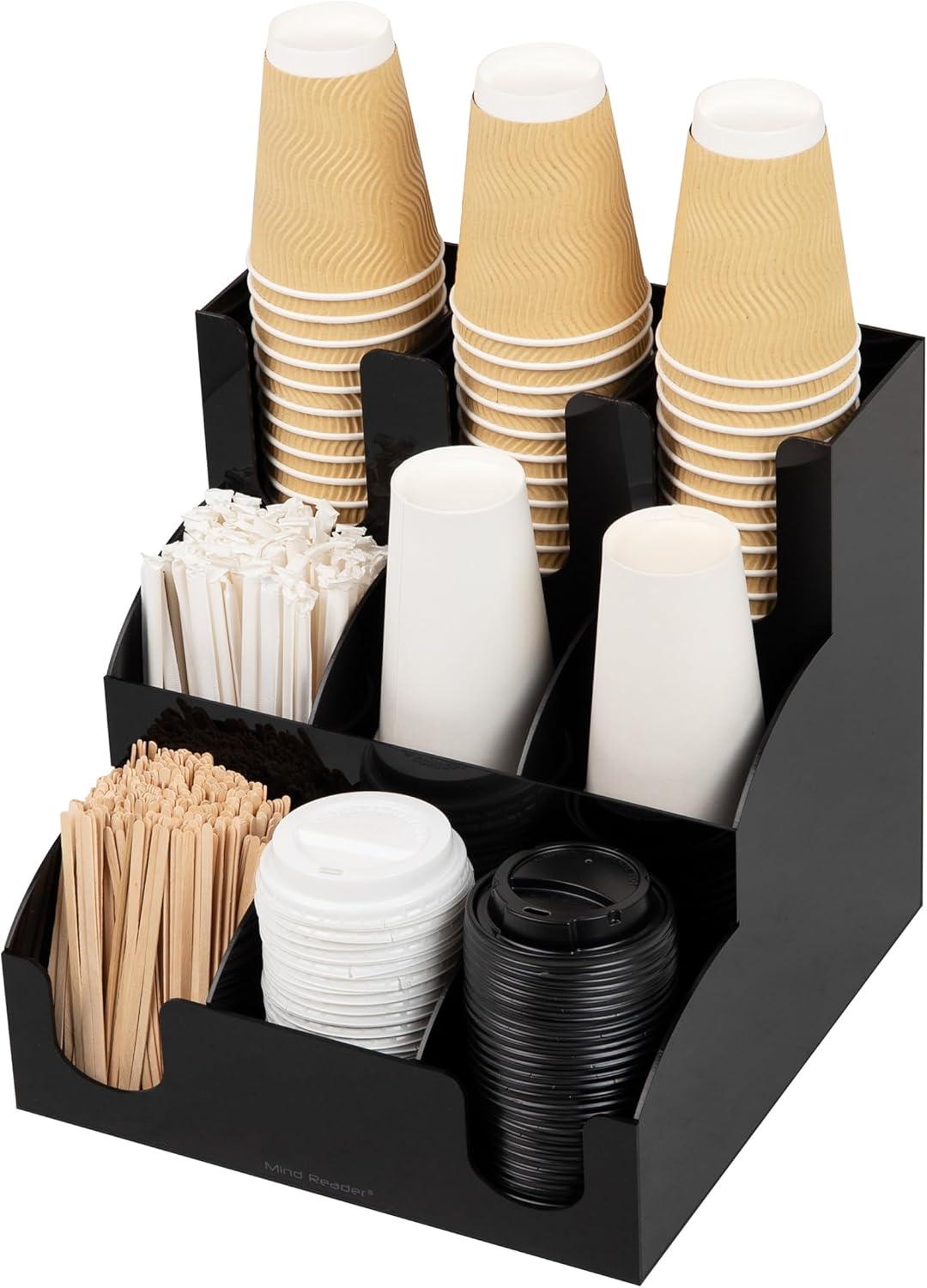 imageMind Reader Cup and Condiment Station Countertop Organizer Coffee Bar Kitchen 1225L x 1225W x 1175H Black