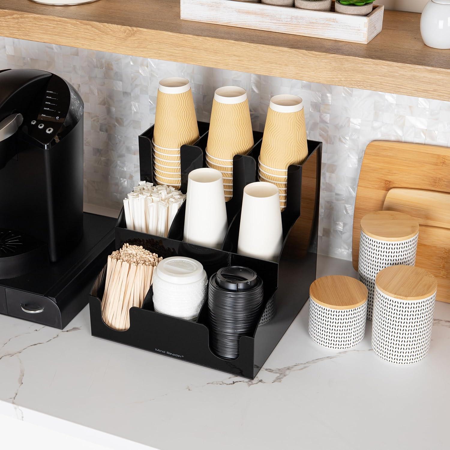imageMind Reader Cup and Condiment Station Countertop Organizer Coffee Bar Kitchen 1225L x 1225W x 1175H Black