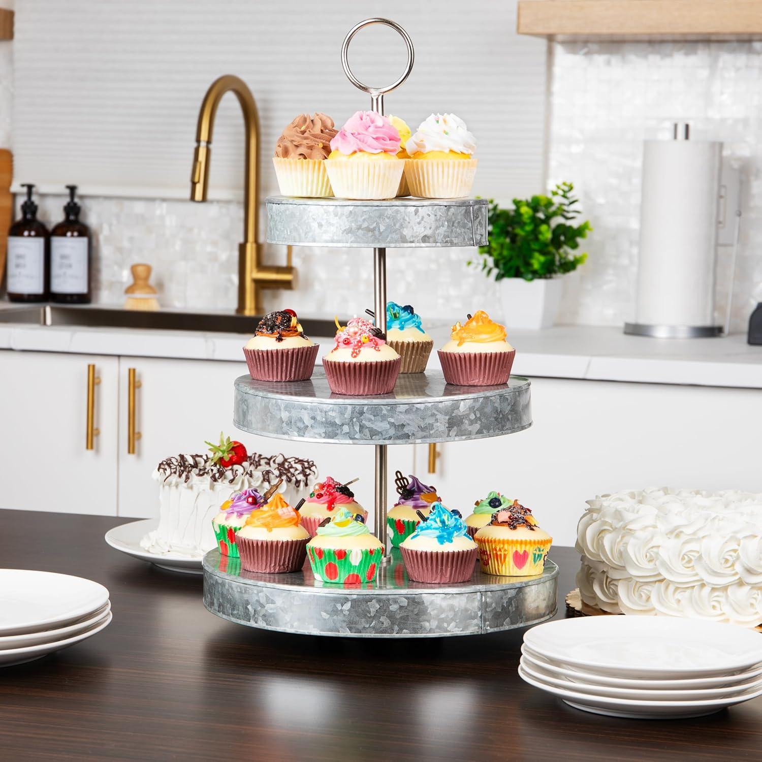 imageMind Reader Cupcake Stand Tiered Dessert Table Display Kitchen Tower Galvanized Metal 12L x 12W x 21H Silver