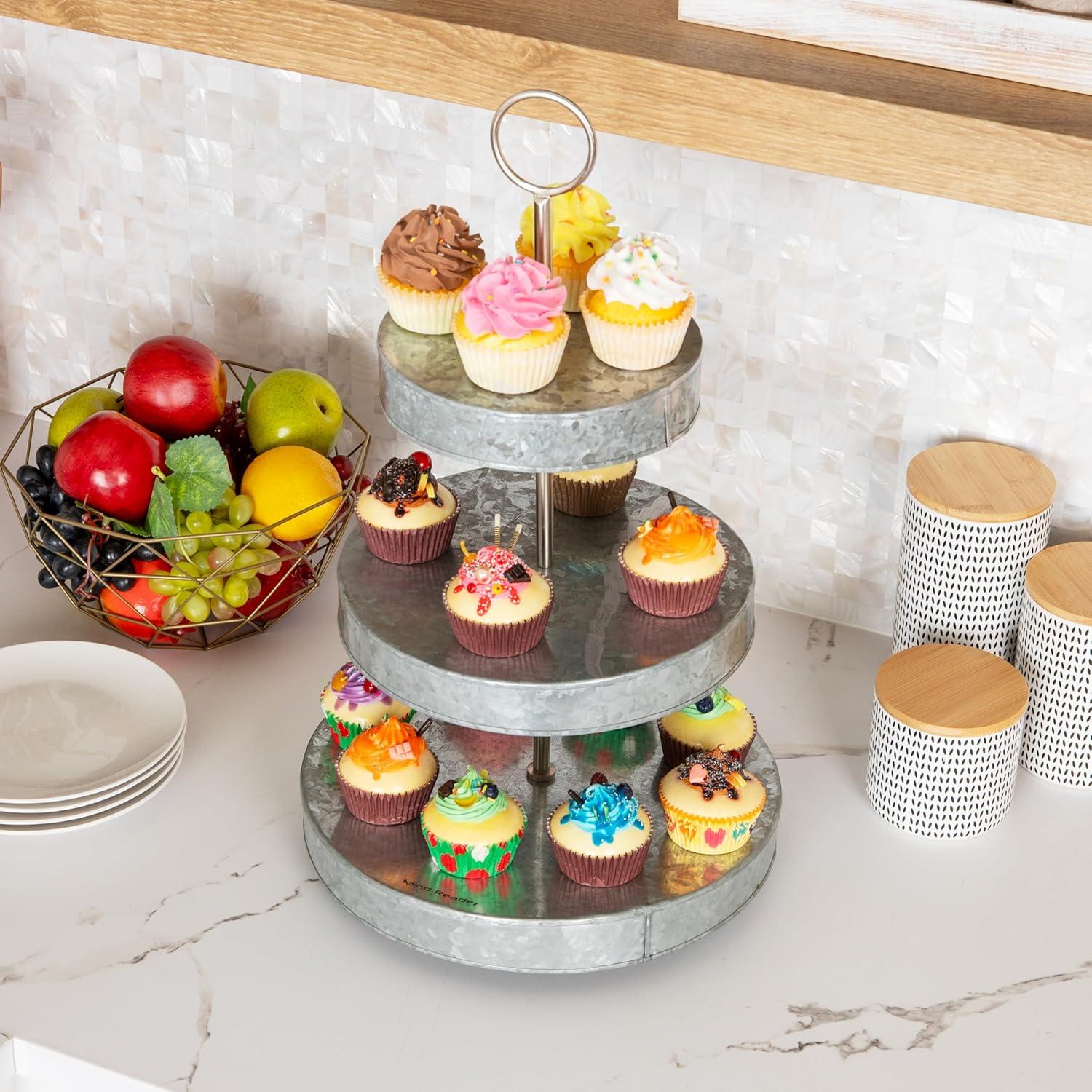 imageMind Reader Cupcake Stand Tiered Dessert Table Display Kitchen Tower Galvanized Metal 12L x 12W x 21H Silver