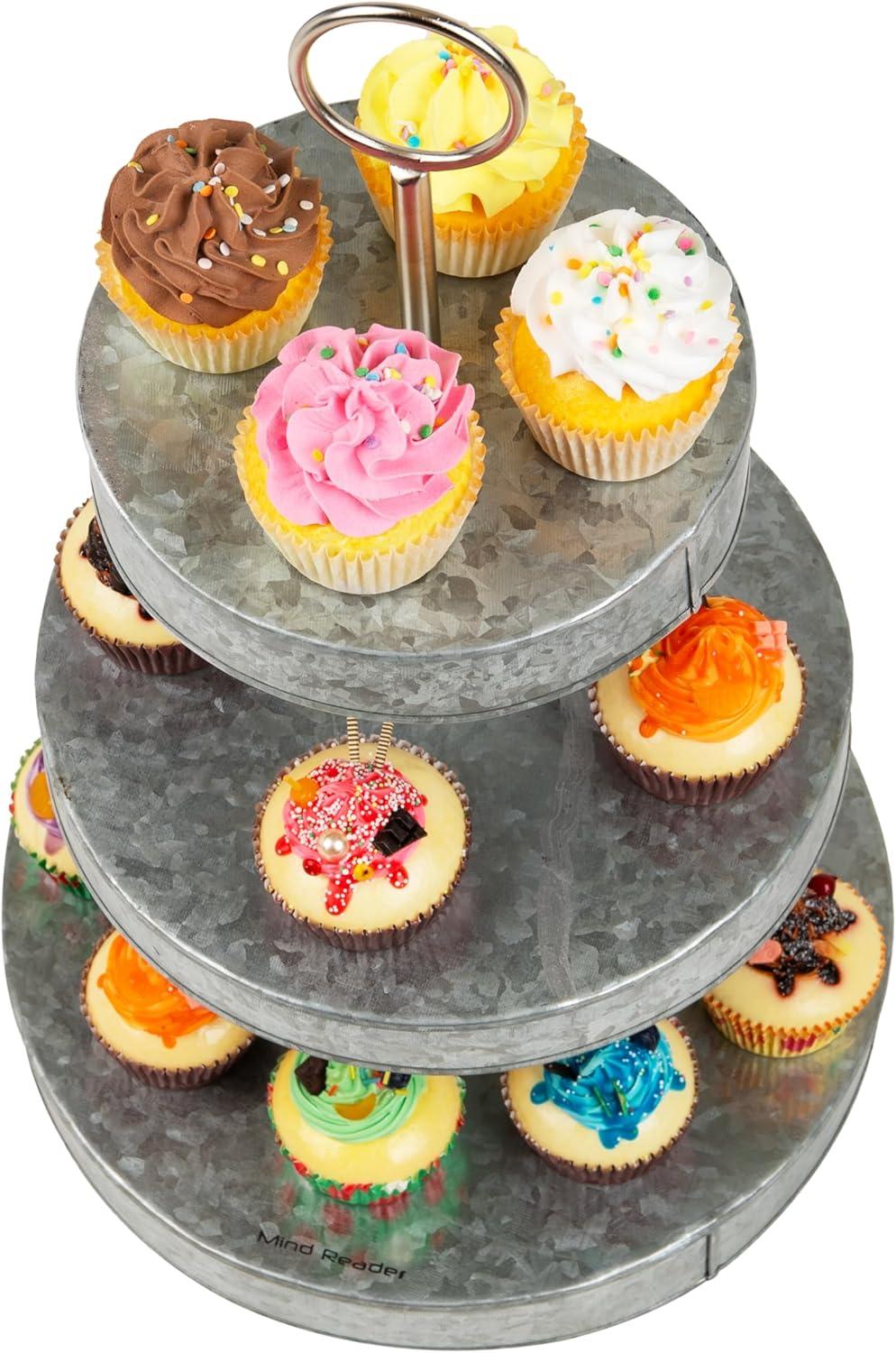 imageMind Reader Cupcake Stand Tiered Dessert Table Display Kitchen Tower Galvanized Metal 12L x 12W x 21H Silver