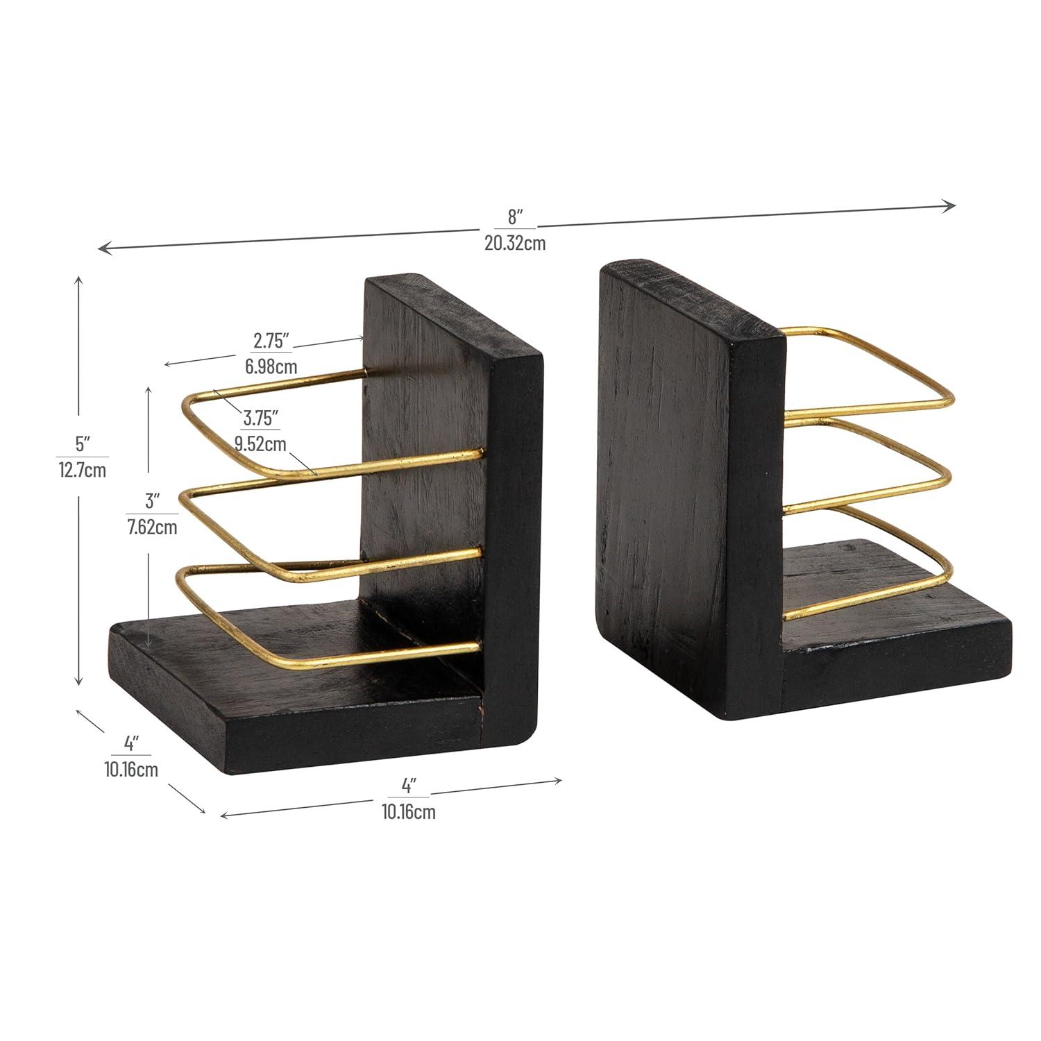 imageMind Reader Decorative Basket Bookends Office Decor with Storage Wood and Metal Set of 2 Black and Gold