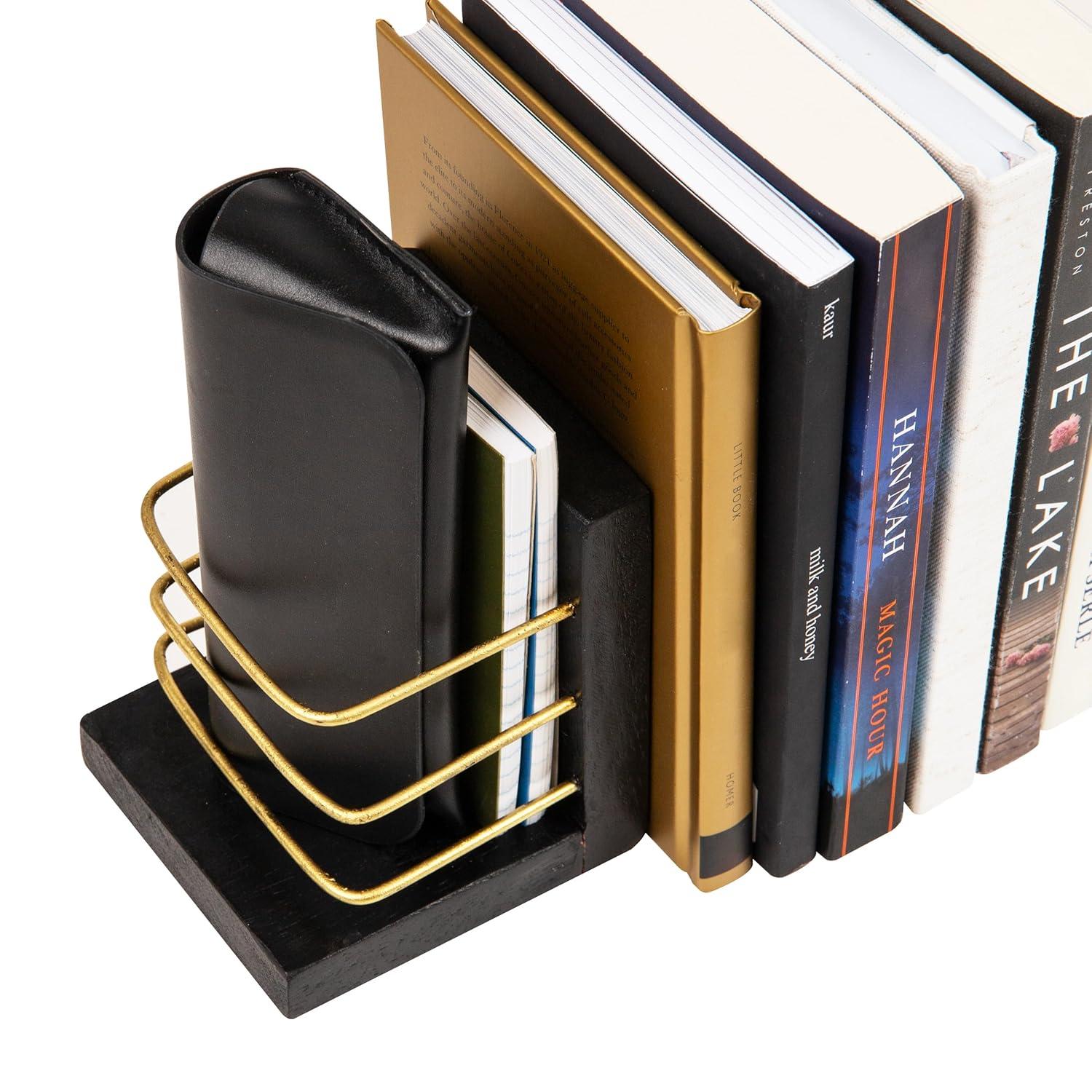 imageMind Reader Decorative Basket Bookends Office Decor with Storage Wood and Metal Set of 2 Black and Gold