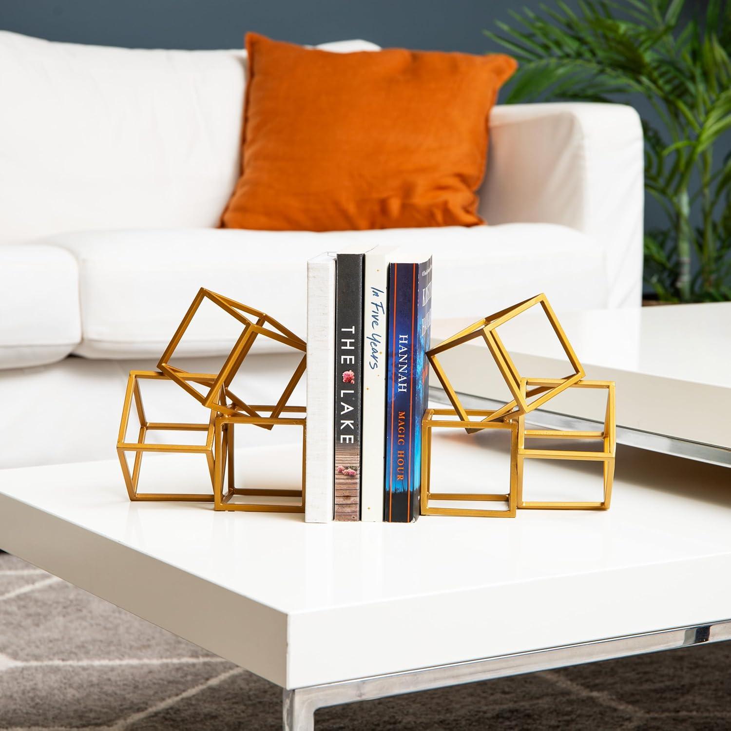 imageMind Reader Decorative Geometric Cube Bookends Modern Book Holders Office Decor Metal Set of 2 Gold