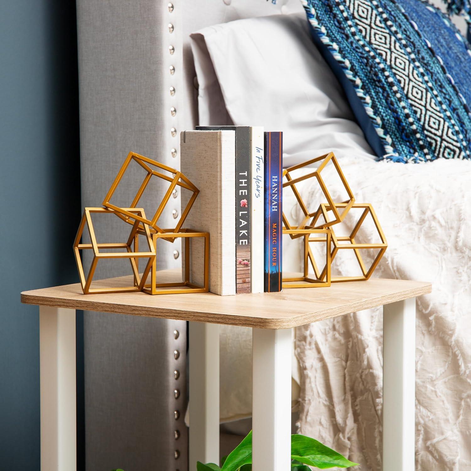imageMind Reader Decorative Geometric Cube Bookends Modern Book Holders Office Decor Metal Set of 2 Gold