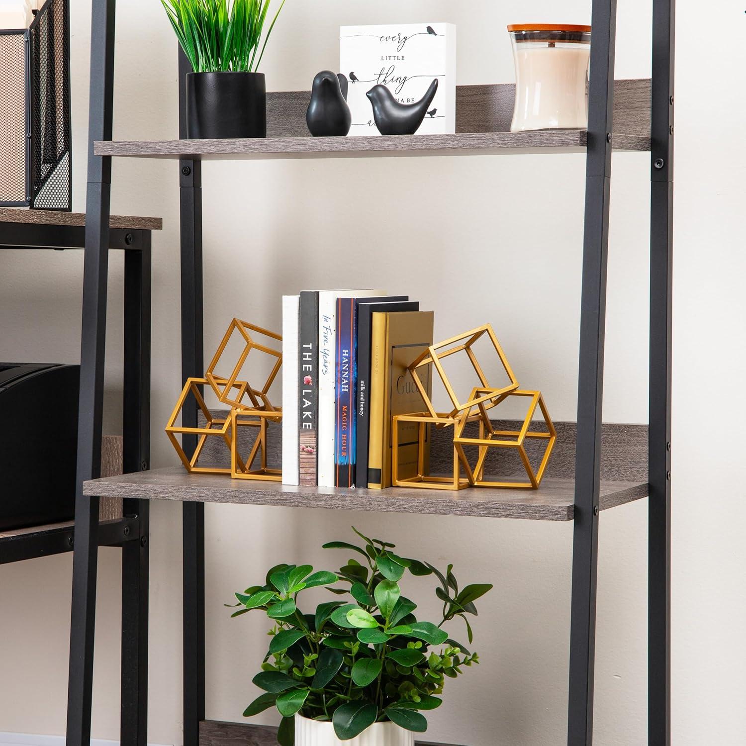 imageMind Reader Decorative Geometric Cube Bookends Modern Book Holders Office Decor Metal Set of 2 Gold