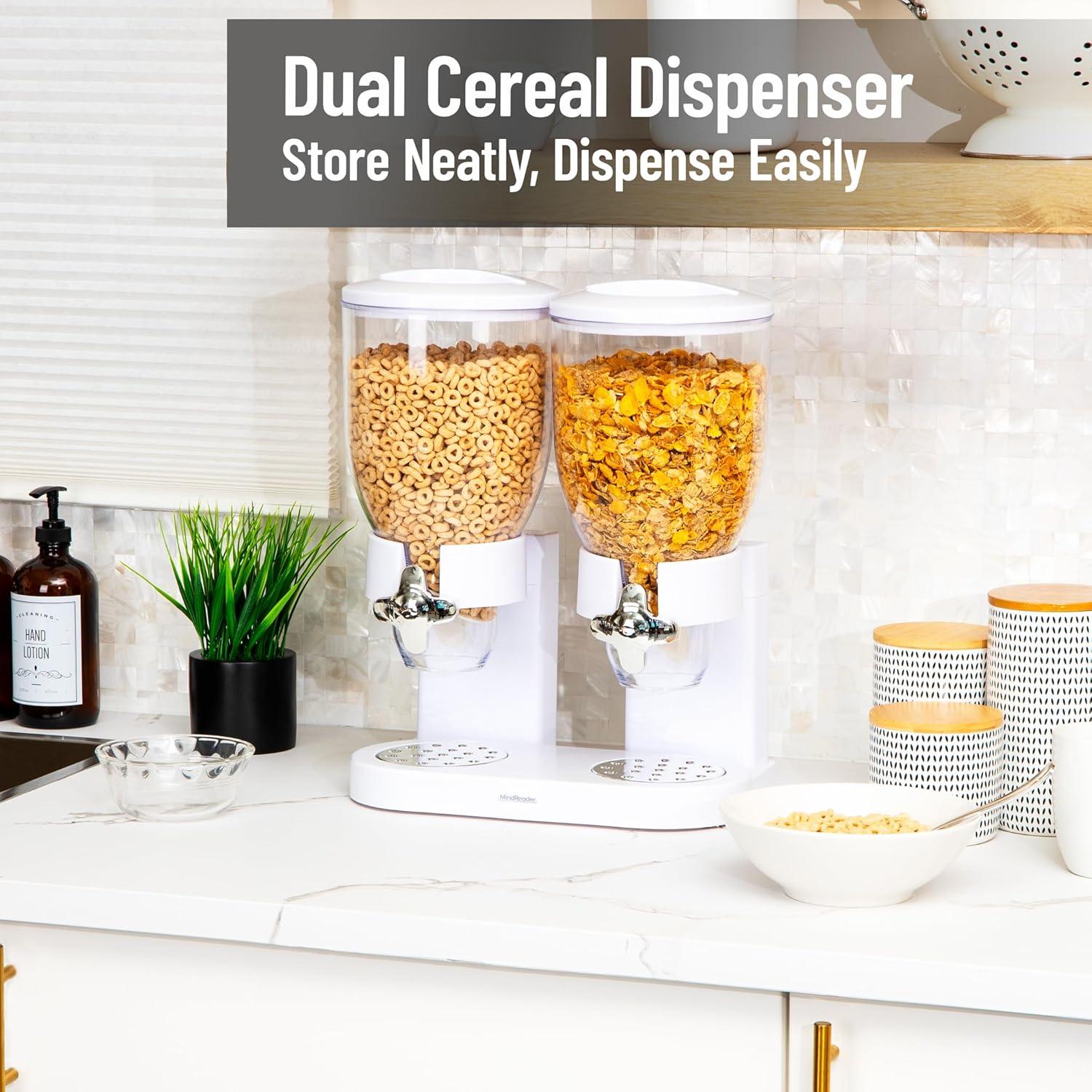 imageMind Reader Double Cereal Dispenser for Countertop 2 x 2L Airtight Containers Rotating Dry Food Dispenser for Cereal Rice Candy Coffee Beans WhiteWhite