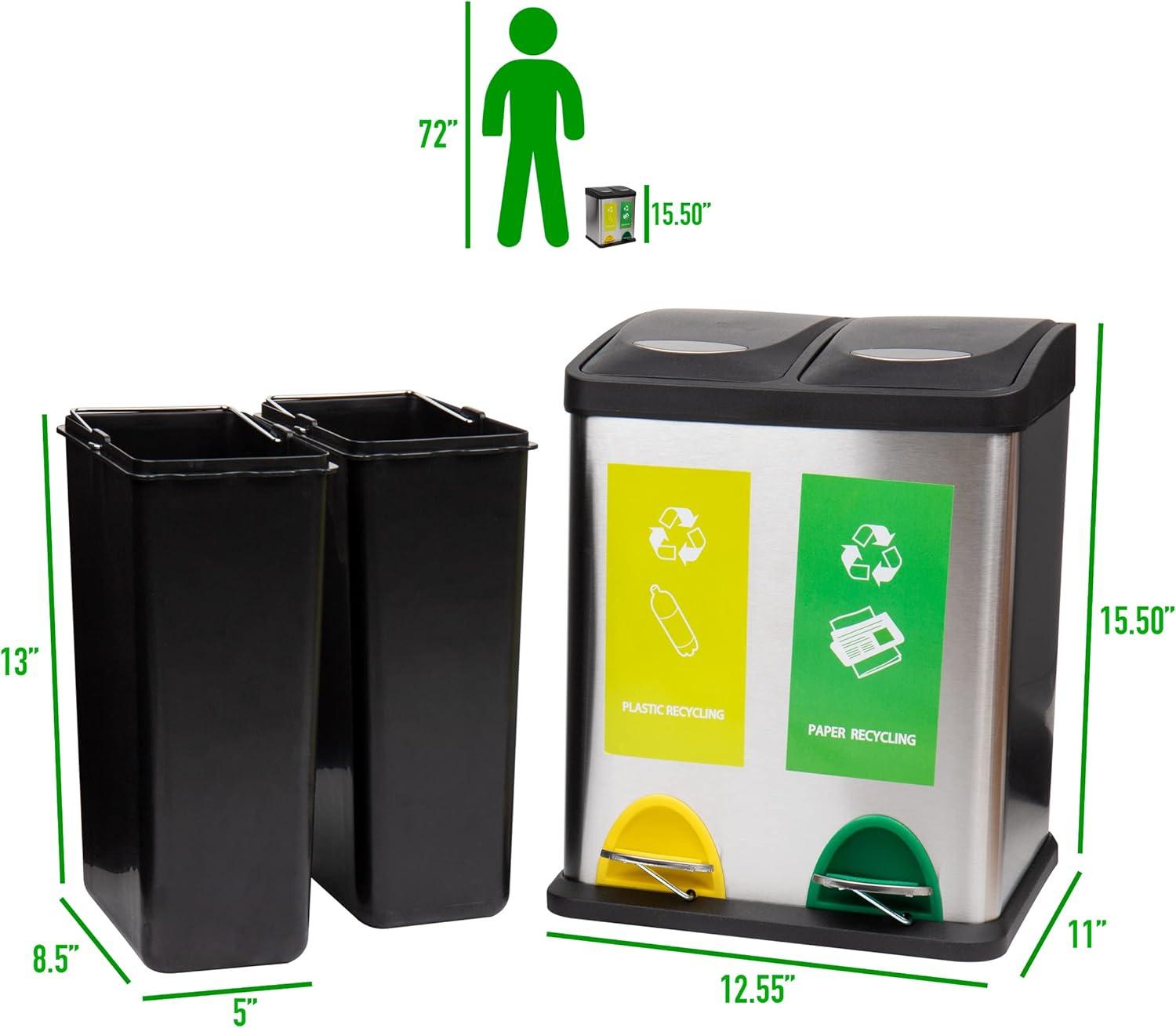 imageMind Reader Dual Recycling Bin Kitchen Trash Can Garbage Bin Lid Stainless Steel 18 L x 105 W x 155 H Silver