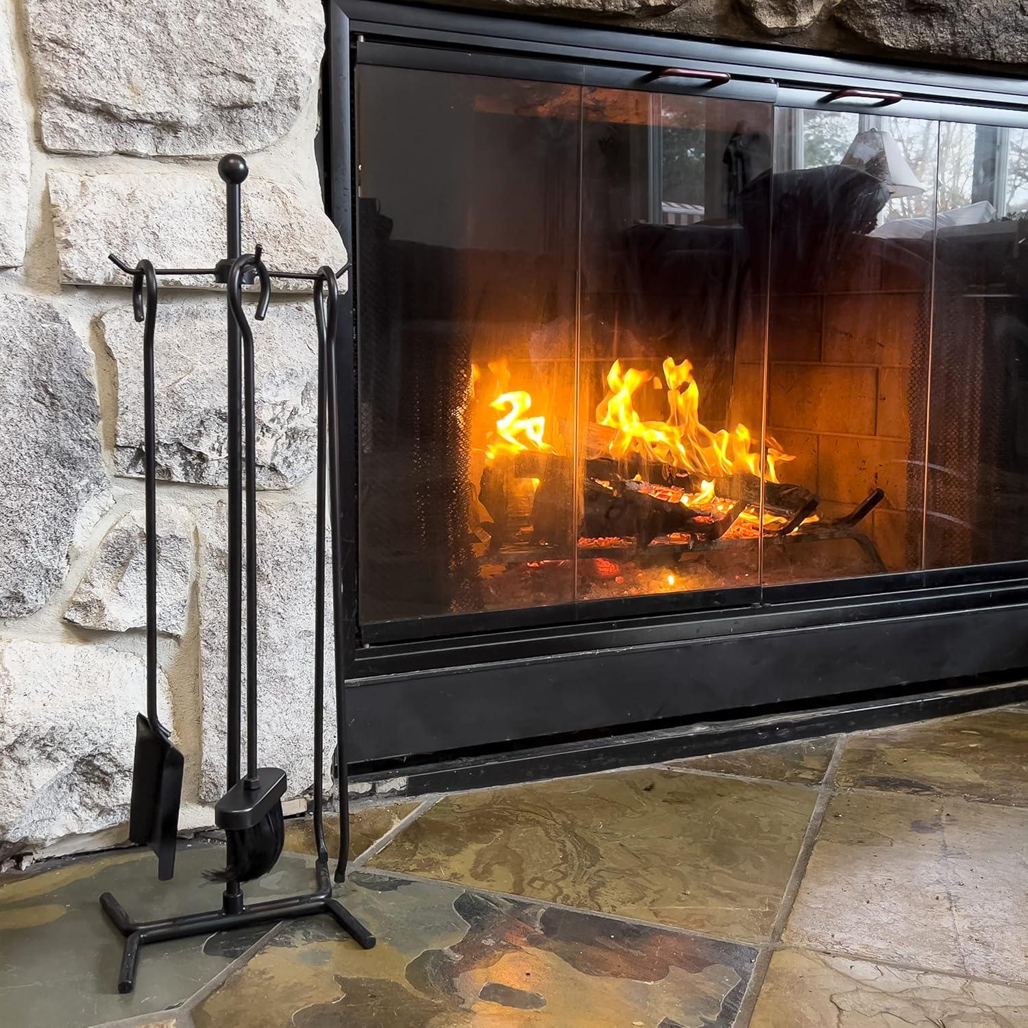 imageMind Reader Fireplace Set with Stand Brush Shovel Scoop Poker Tongs Steel 825L x 675W x 2625H 4 Pcs BlackFireplace Set with Tongs