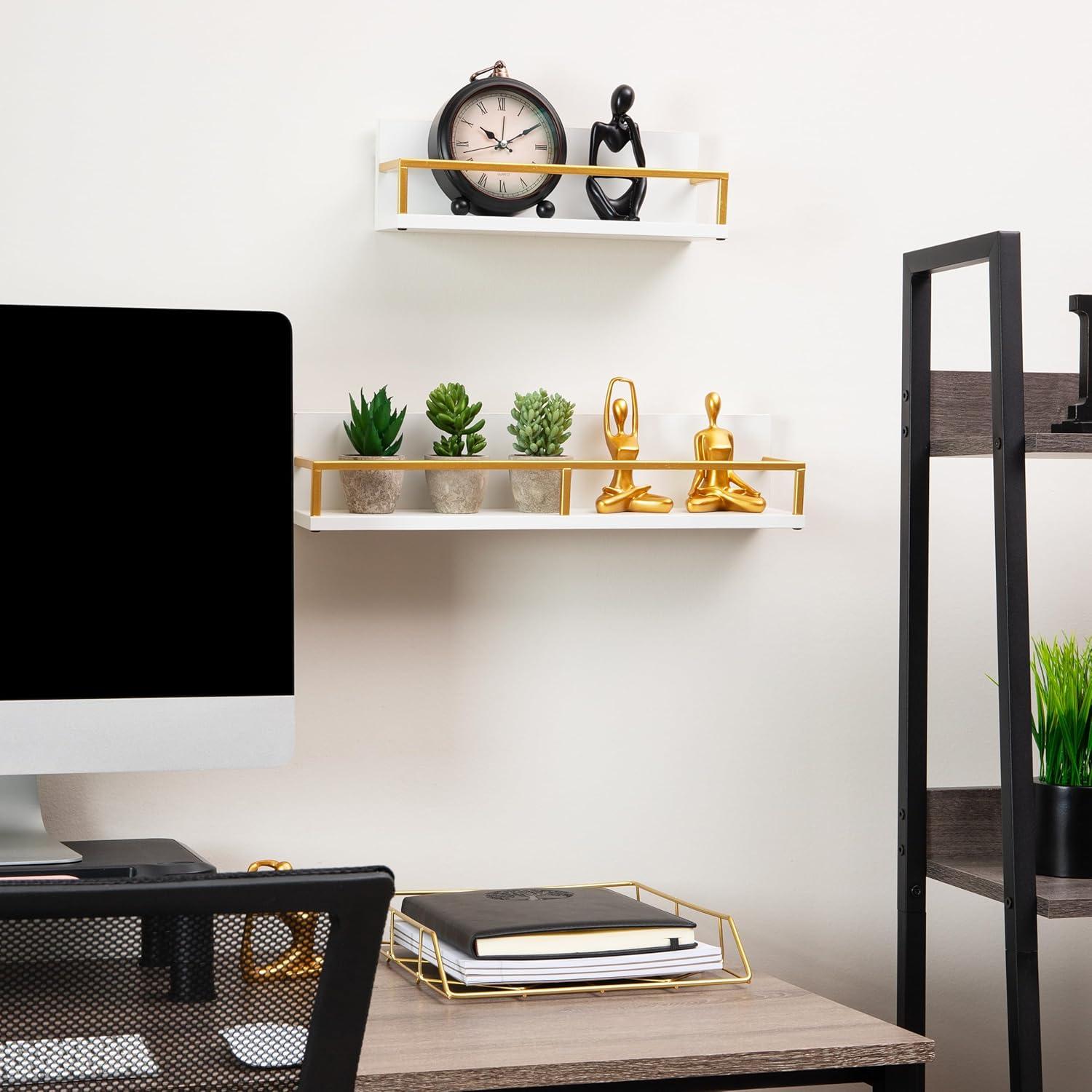 imageMind Reader Floating Shelves WallMounted Office Organizers Modern MDF Display Storage with Metal Rail Metal MDF Set of 2 WhiteFloating Shelves