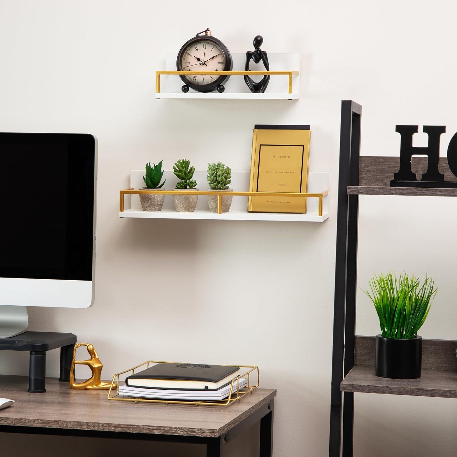 imageMind Reader Floating Shelves WallMounted Office Organizers Modern MDF Display Storage with Metal Rail Metal MDF Set of 2 WhiteFloating Shelves