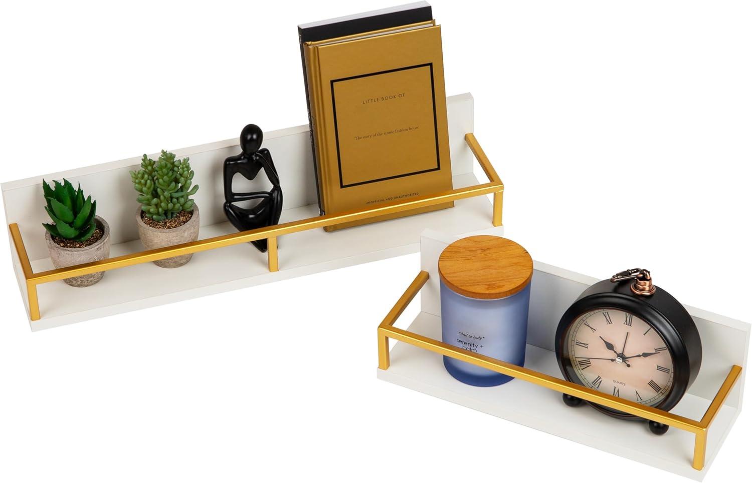 imageMind Reader Floating Shelves WallMounted Office Organizers Modern MDF Display Storage with Metal Rail Metal MDF Set of 2 WhiteFloating Shelves