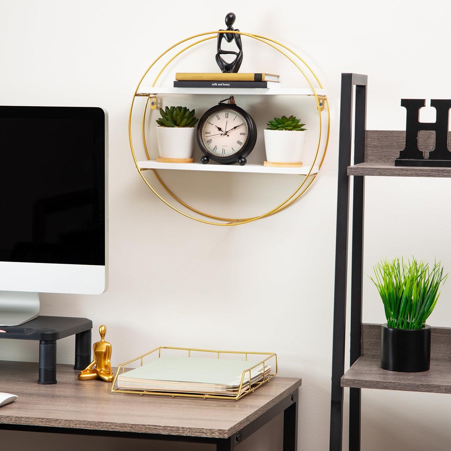 imageMind Reader Floating Shelves WallMounted Office Organizers Modern MDF Display Storage with Metal Rail Metal MDF Set of 2 WhiteRound Floating Shlef